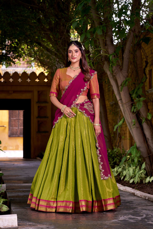 Lorenvalley Fashion Pista Kanchipuram Zari Weaving Work Lehenga Choli with Dupatta - Swadesiicart