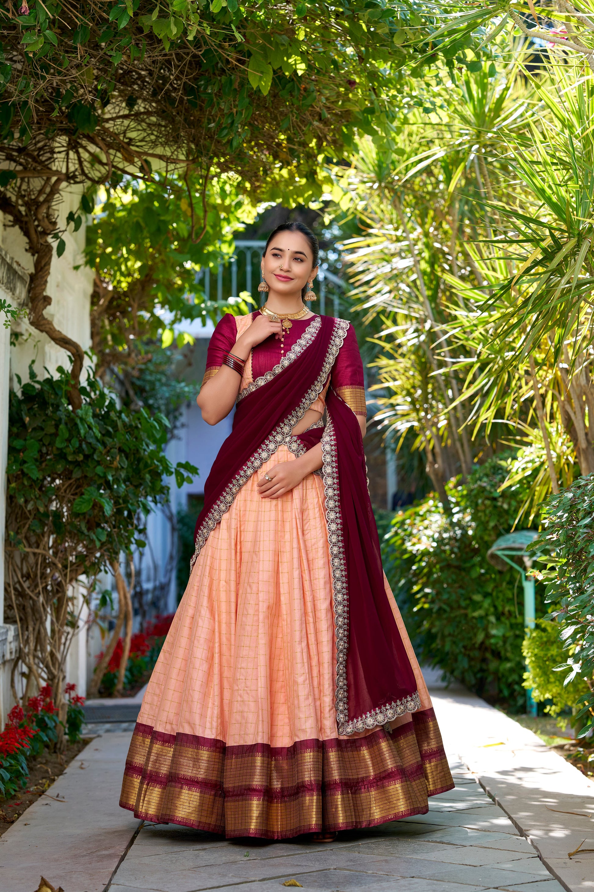 Lorenvalley Peach Zari Chex with Zari Weaving Work Lehenga Choli with Dupatta | Swadesiicart