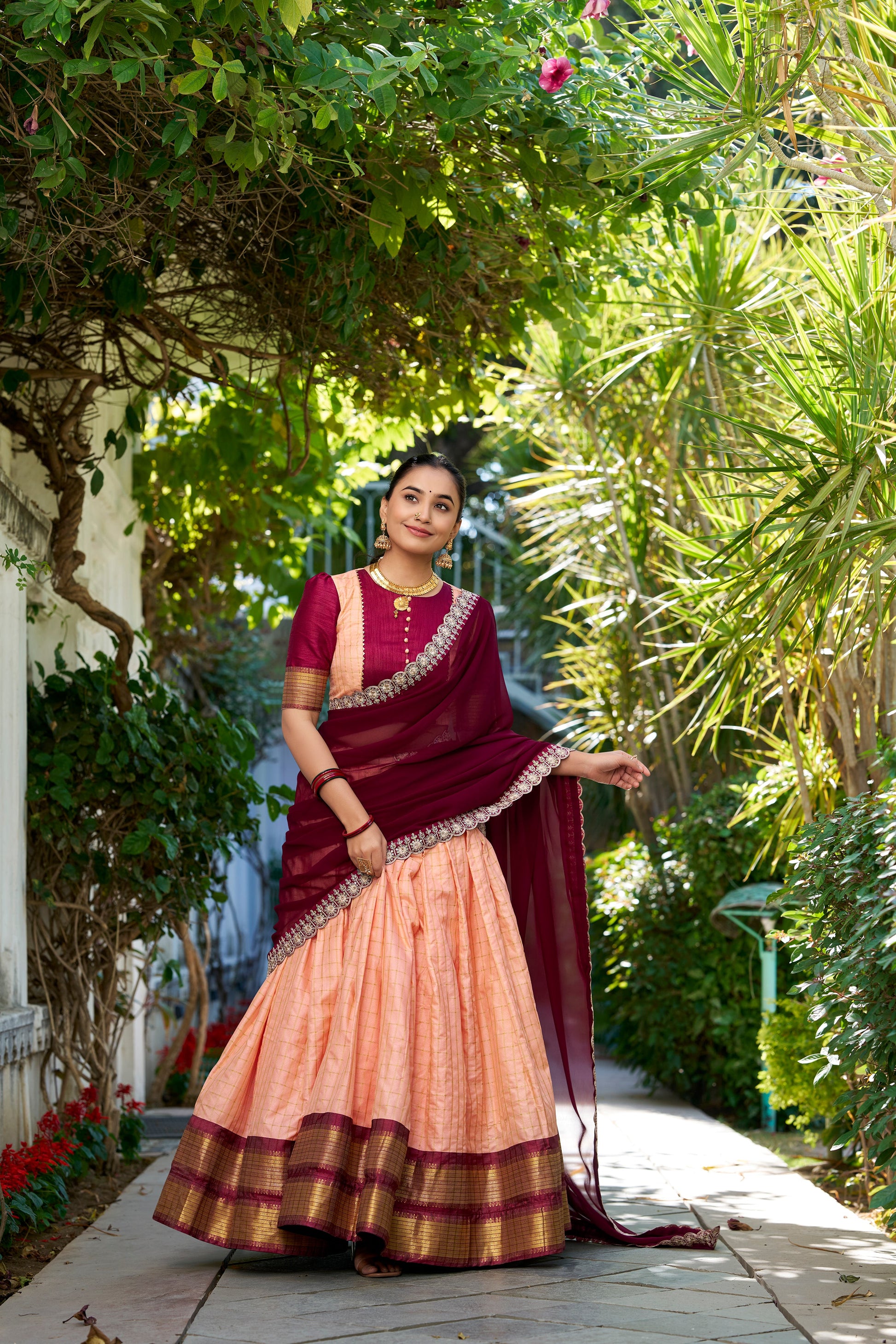 Lorenvalley Peach Zari Chex with Zari Weaving Work Lehenga Choli with Dupatta | Swadesiicart