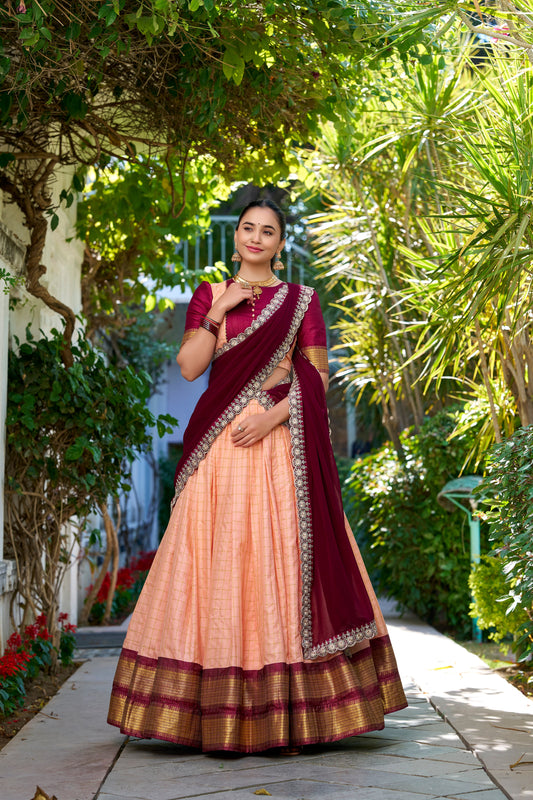 Lorenvalley Peach Zari Chex with Zari Weaving Work Lehenga Choli with Dupatta | Swadesiicart