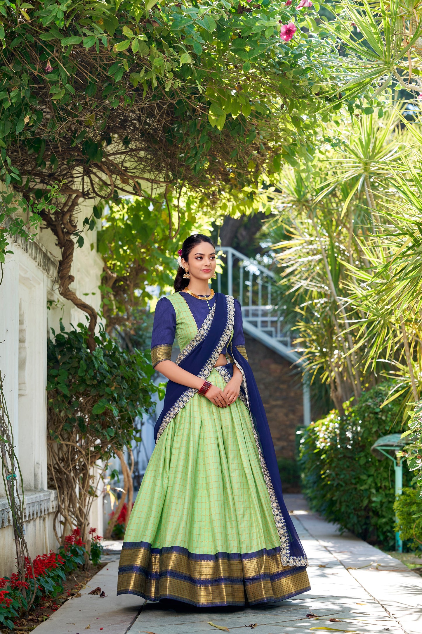 Lorenvalley Pista Zari Chex with Zari Weaving Work Lehenga Choli with Dupatta | Swadesiicart