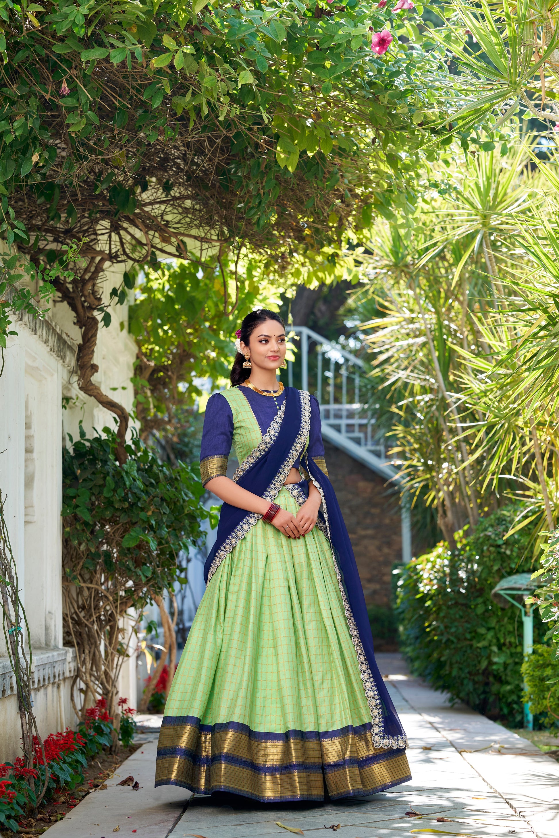 Lorenvalley Pista Zari Chex with Zari Weaving Work Lehenga Choli with Dupatta | Swadesiicart
