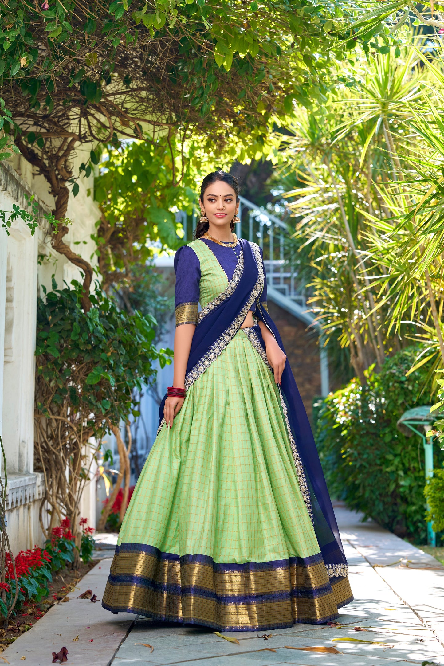 Lorenvalley Pista Zari Chex with Zari Weaving Work Lehenga Choli with Dupatta | Swadesiicart