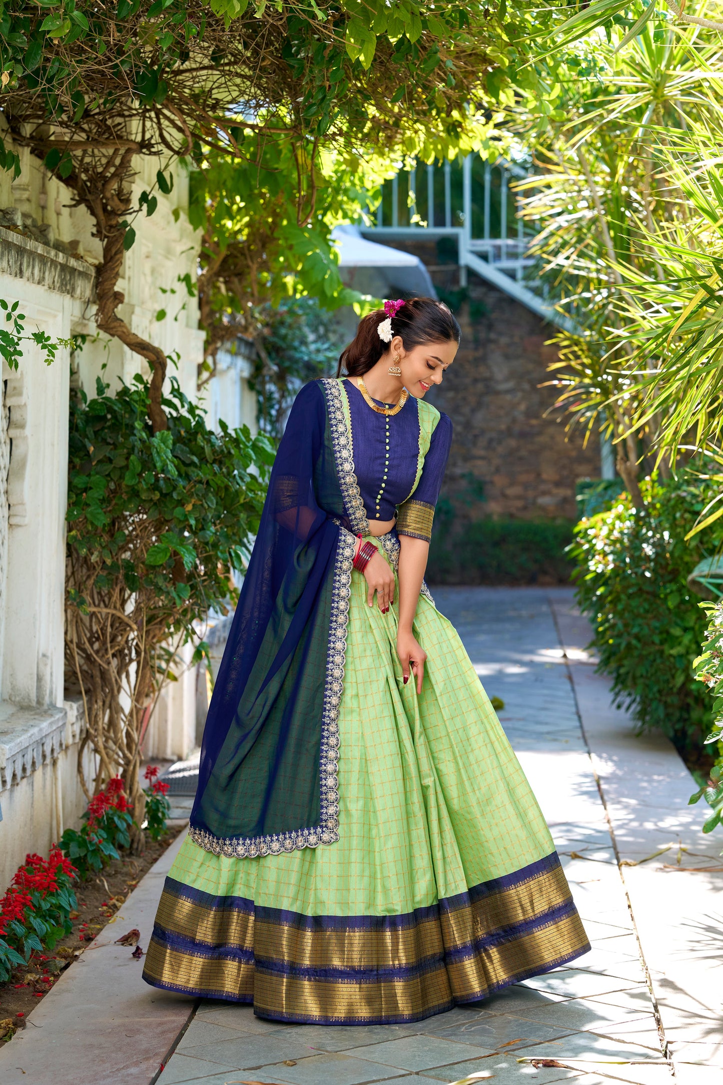 Lorenvalley Pista Zari Chex with Zari Weaving Work Lehenga Choli with Dupatta | Swadesiicart
