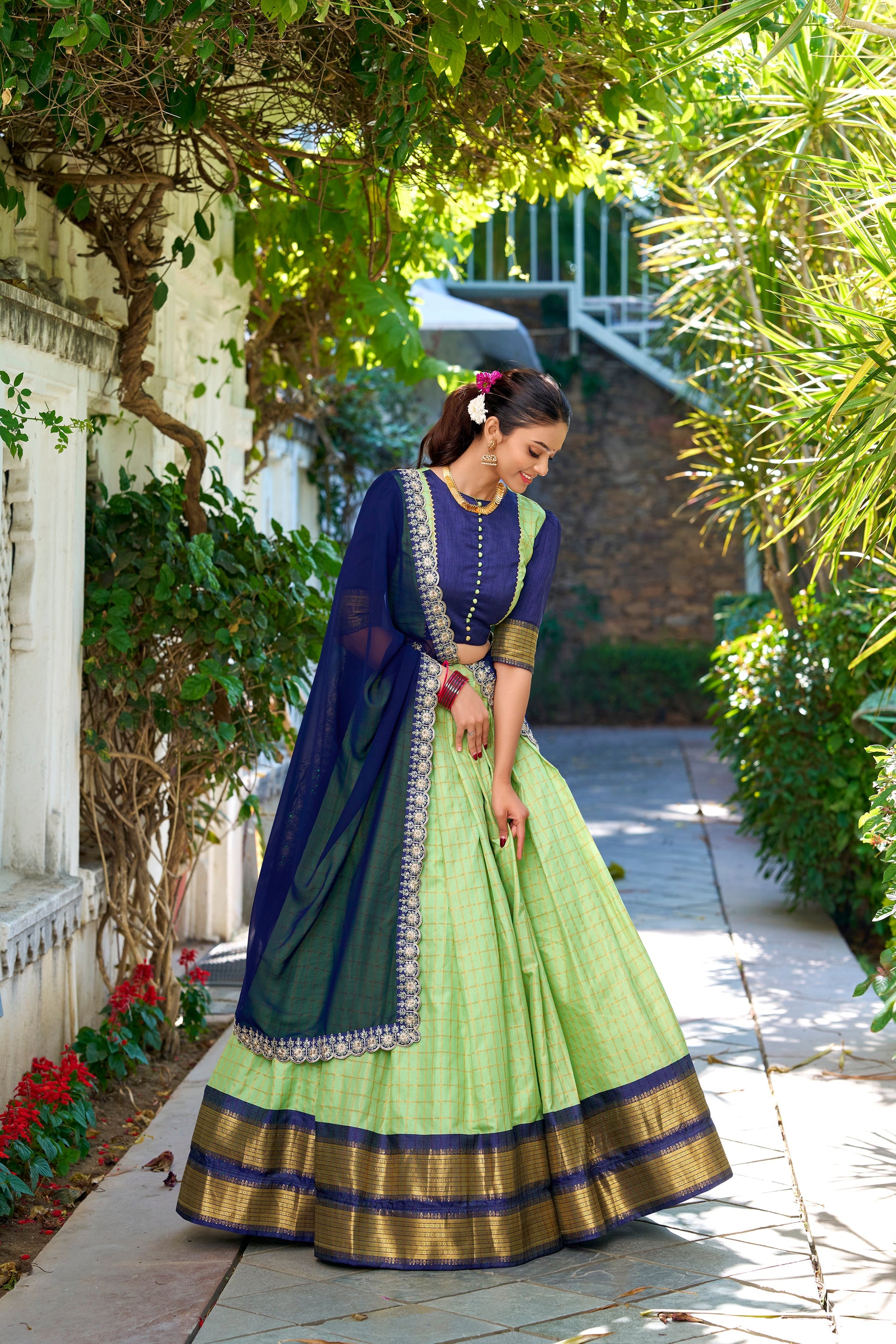 Lorenvalley Pista Zari Chex with Zari Weaving Work Lehenga Choli with Dupatta | Swadesiicart