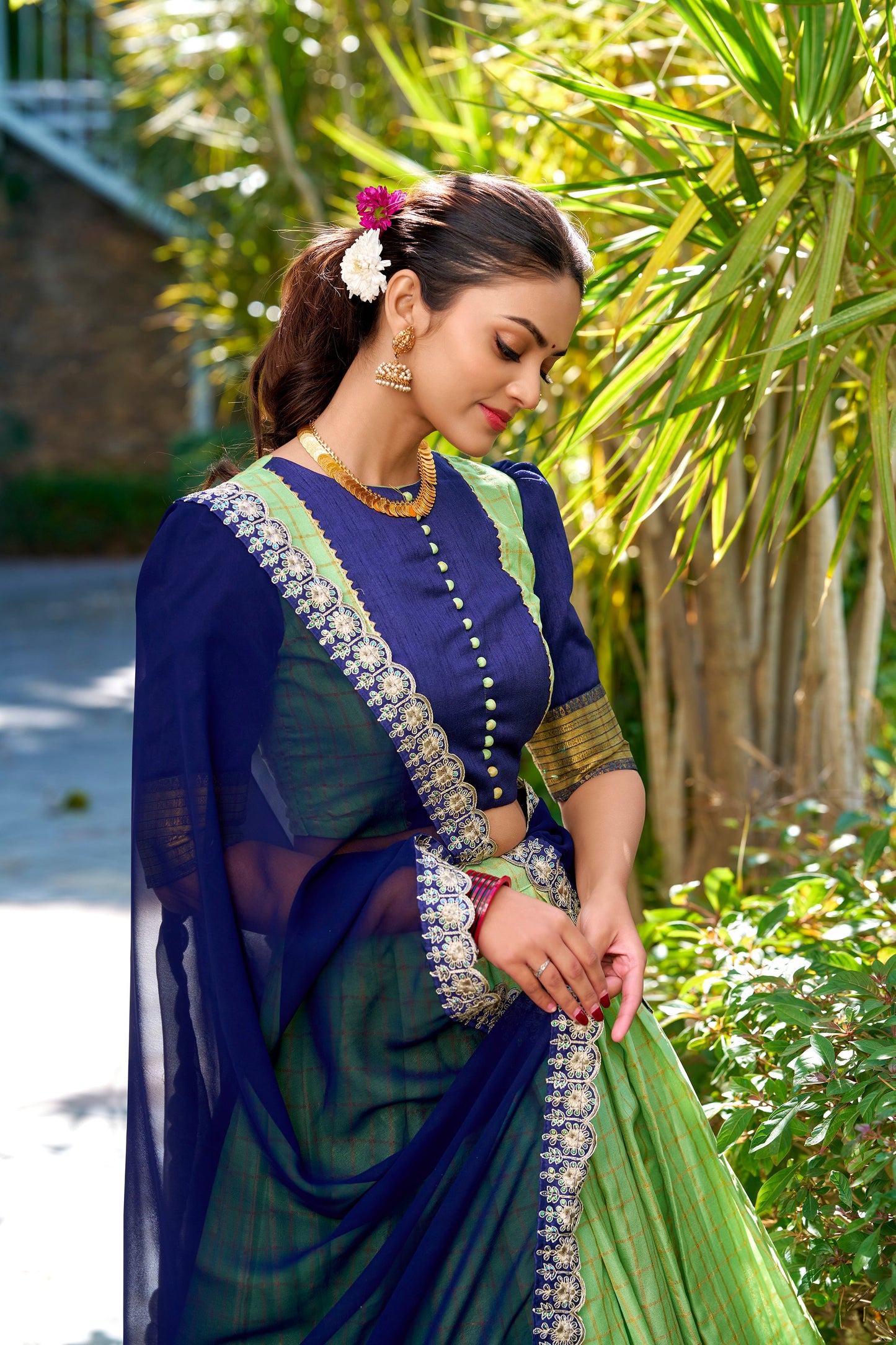 Lorenvalley Pista Zari Chex with Zari Weaving Work Lehenga Choli with Dupatta | Swadesiicart