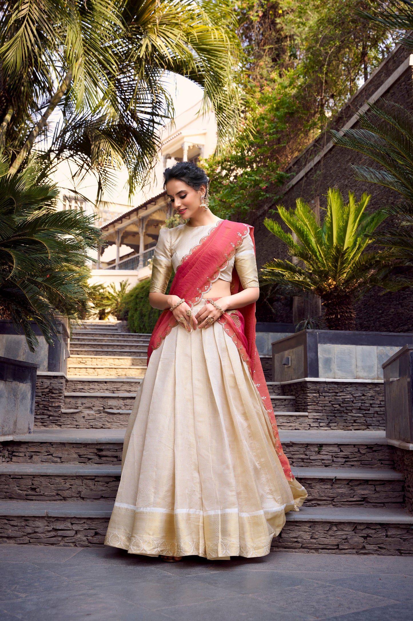 Lorenvalley Offwhite Jacquard Chex Zari Weaving Work Lehenga Choli with Dupatta | Swadesiicart