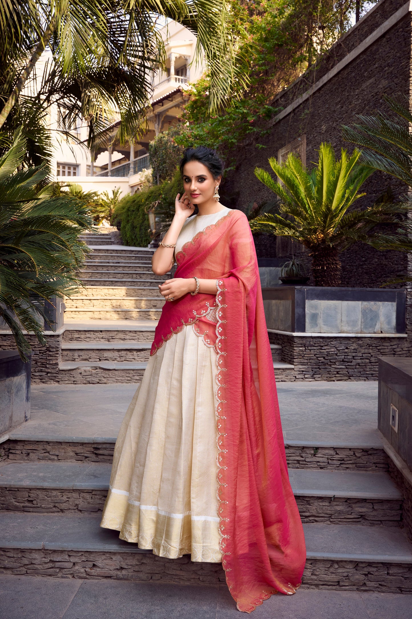 Lorenvalley Offwhite Jacquard Chex Zari Weaving Work Lehenga Choli with Dupatta | Swadesiicart