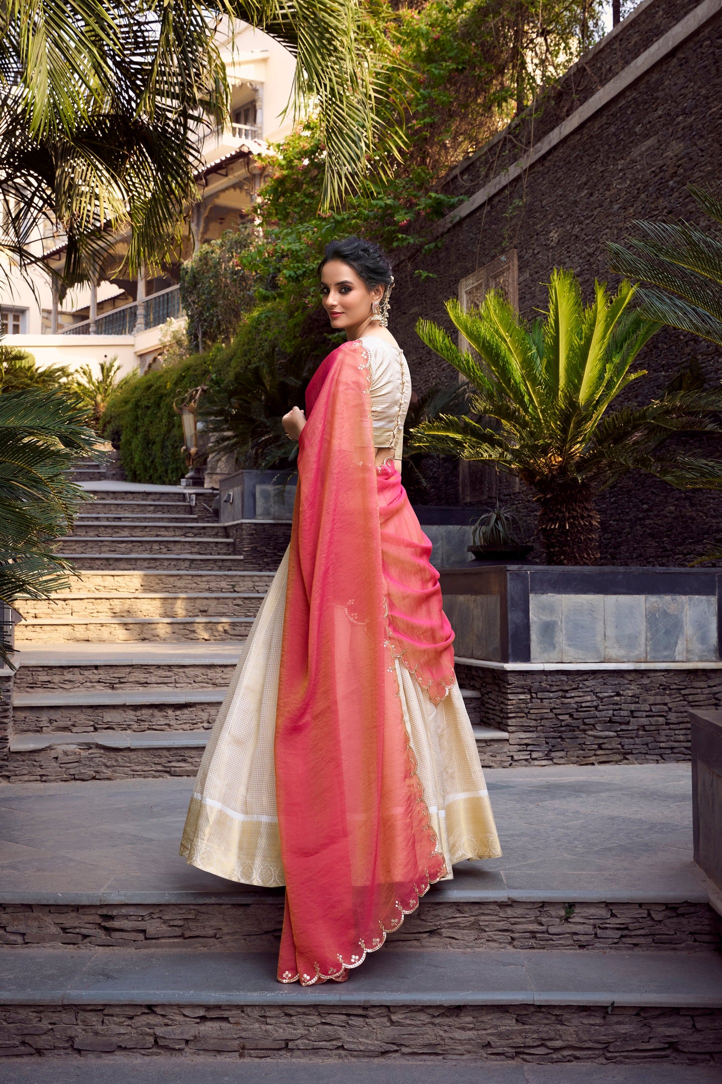 Lorenvalley Offwhite Jacquard Chex Zari Weaving Work Lehenga Choli with Dupatta | Swadesiicart