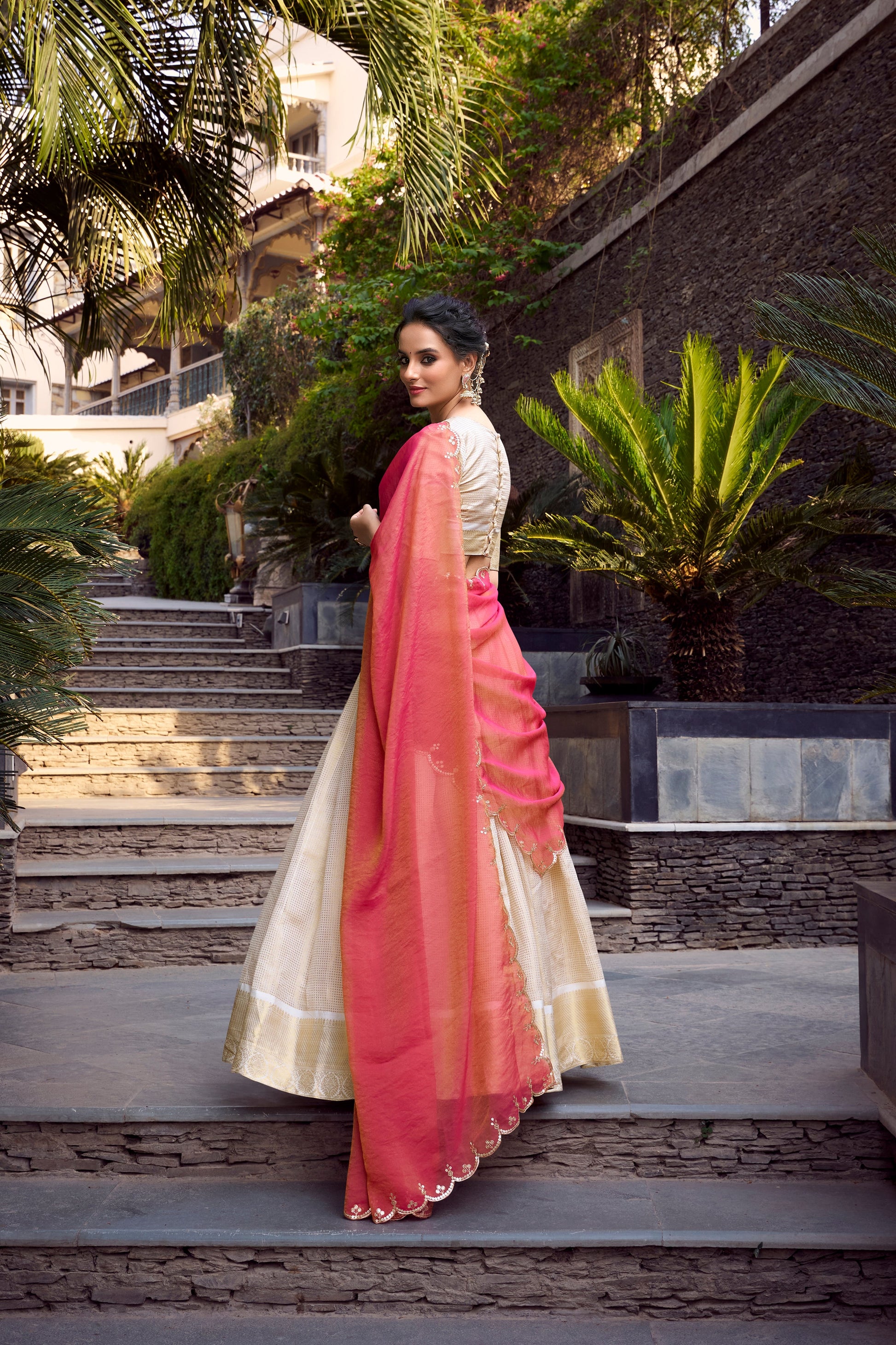 Lorenvalley Offwhite Jacquard Chex Zari Weaving Work Lehenga Choli with Dupatta | Swadesiicart