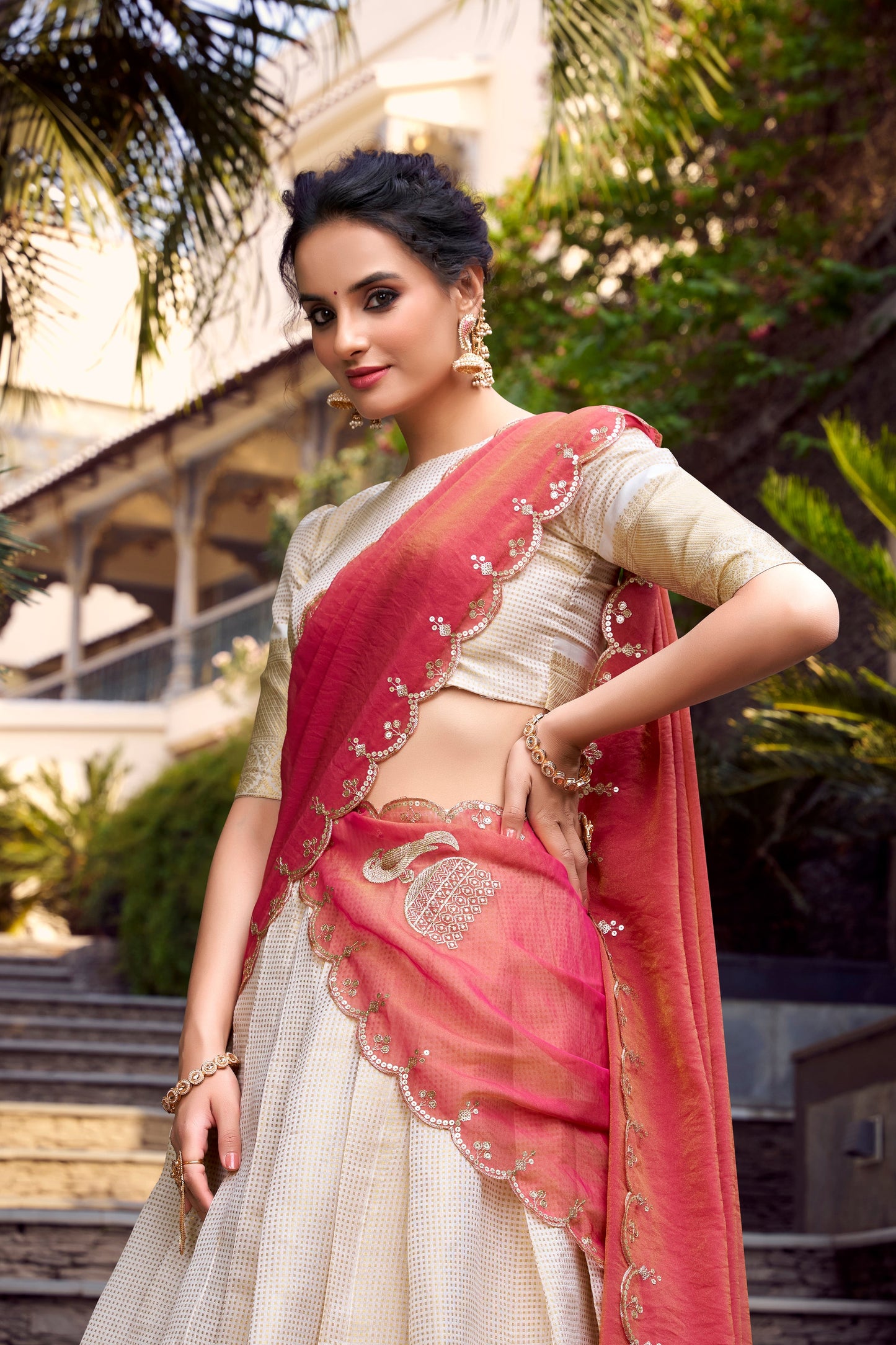 Lorenvalley Offwhite Jacquard Chex Zari Weaving Work Lehenga Choli with Dupatta | Swadesiicart