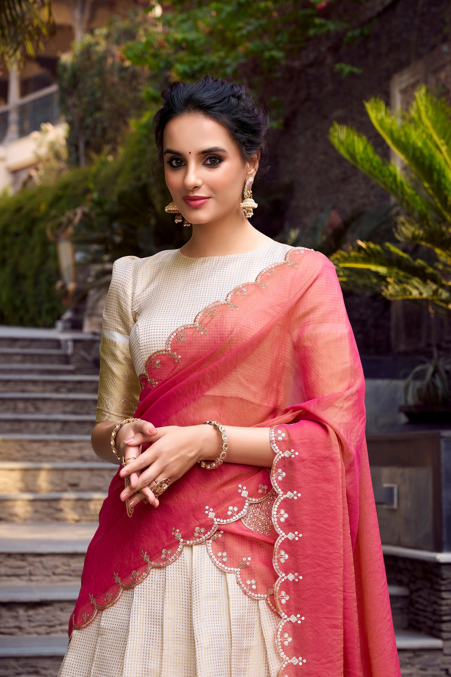 Lorenvalley Offwhite Jacquard Chex Zari Weaving Work Lehenga Choli with Dupatta | Swadesiicart