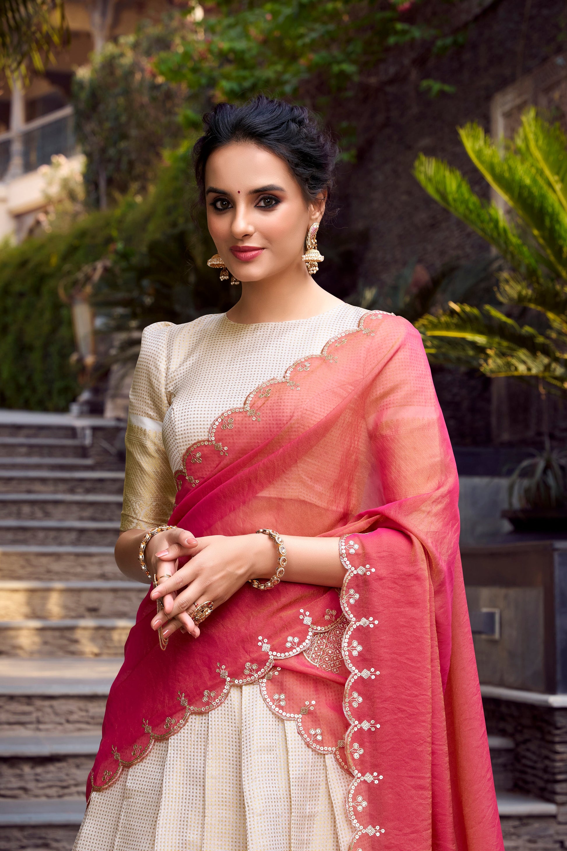 Lorenvalley Offwhite Jacquard Chex Zari Weaving Work Lehenga Choli with Dupatta | Swadesiicart