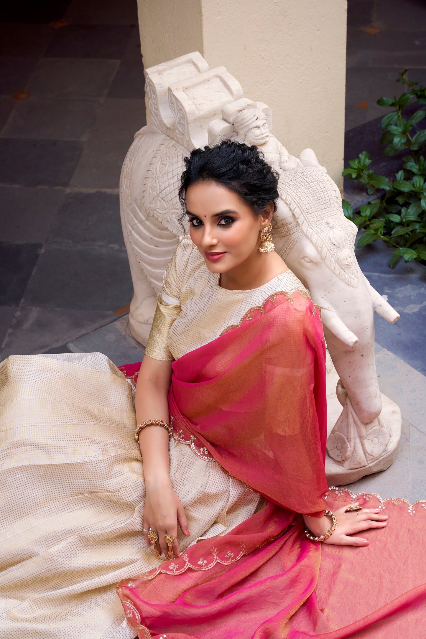 Lorenvalley Offwhite Jacquard Chex Zari Weaving Work Lehenga Choli with Dupatta | Swadesiicart
