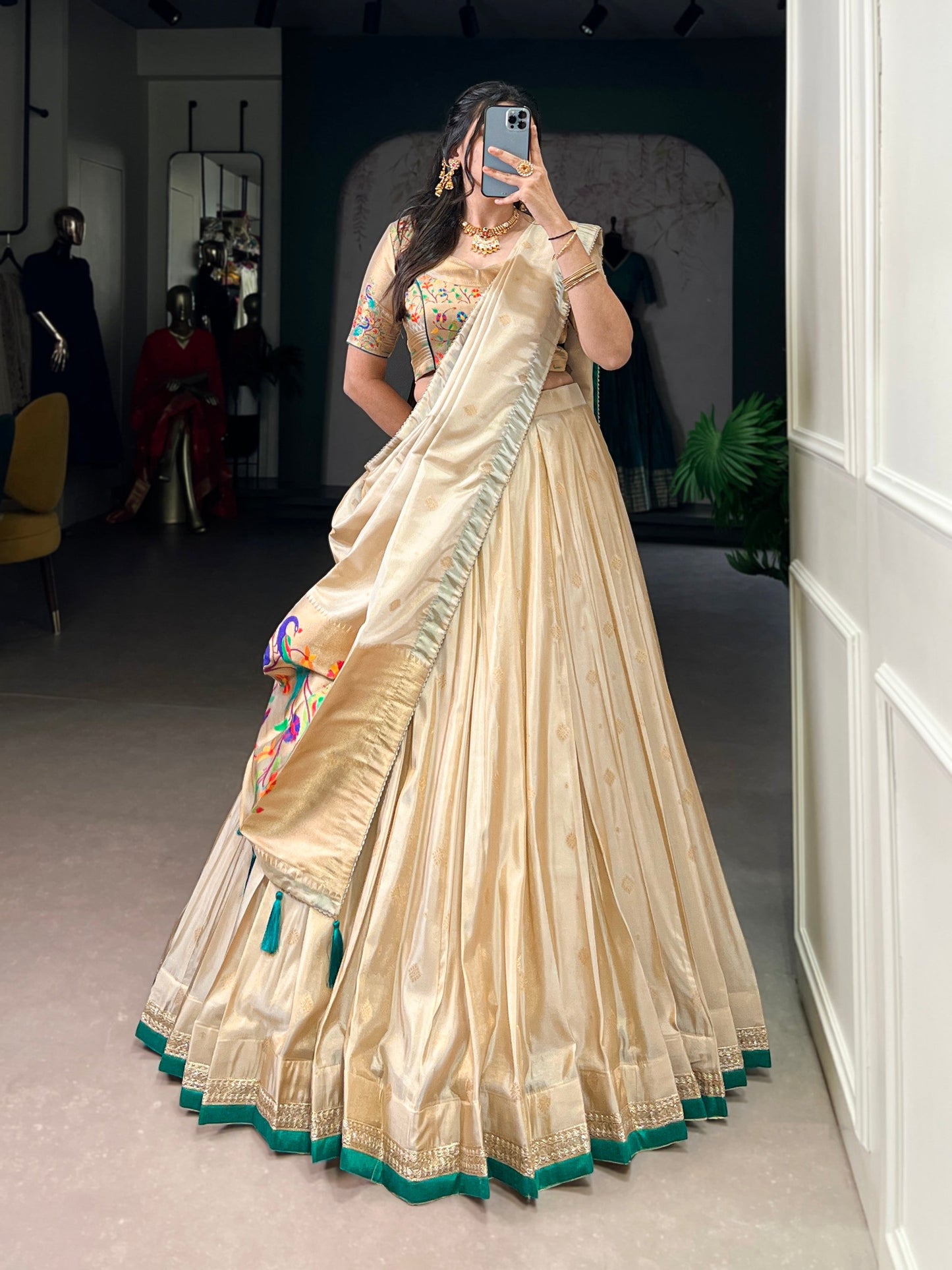 Lorenvalley Fashion Cream Shimmer Paithani Zari Weaving Work Lehenga Choli with Dupatta - Swadesiicart