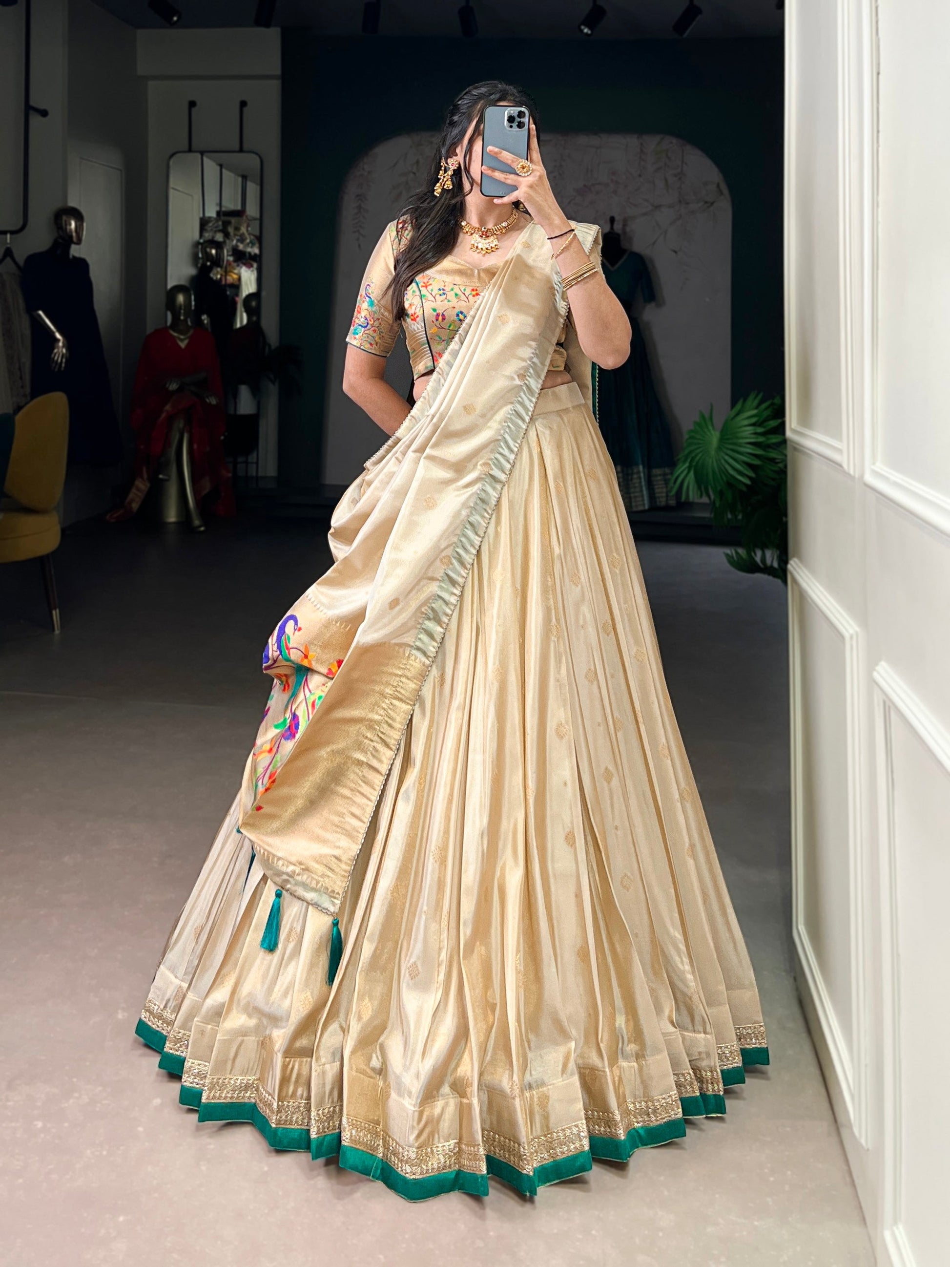Lorenvalley Fashion Cream Shimmer Paithani Zari Weaving Work Lehenga Choli with Dupatta - Swadesiicart