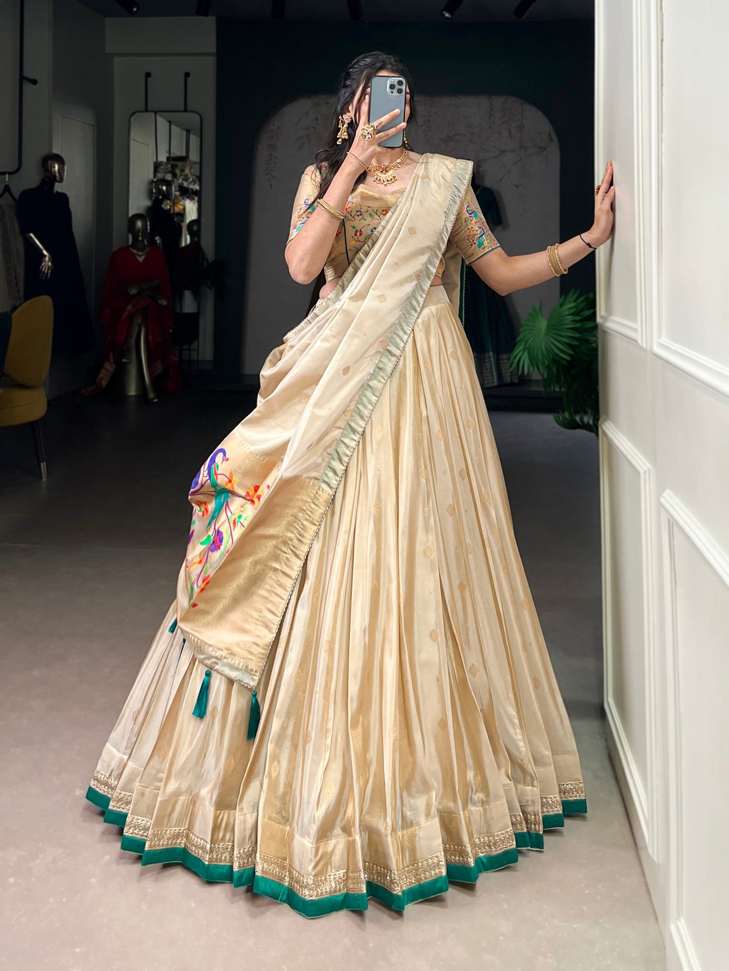 Lorenvalley Fashion Cream Shimmer Paithani Zari Weaving Work Lehenga Choli with Dupatta - Swadesiicart