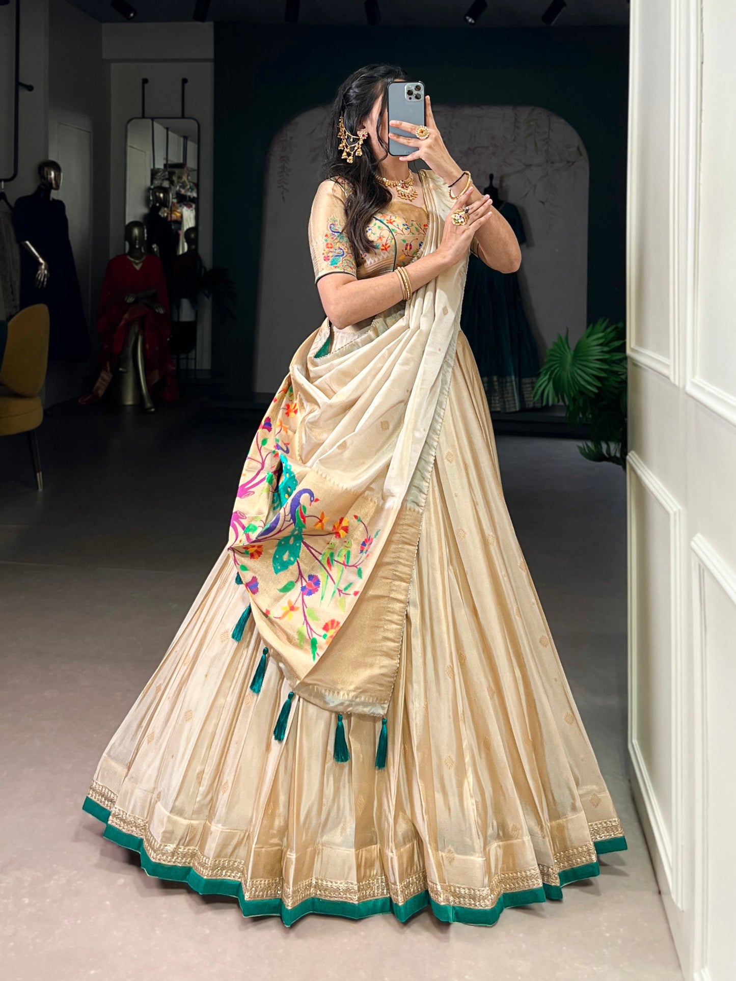 Lorenvalley Fashion Cream Shimmer Paithani Zari Weaving Work Lehenga Choli with Dupatta - Swadesiicart