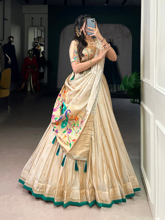 Lorenvalley Fashion Cream Shimmer Paithani Zari Weaving Work Lehenga Choli with Dupatta - Swadesiicart