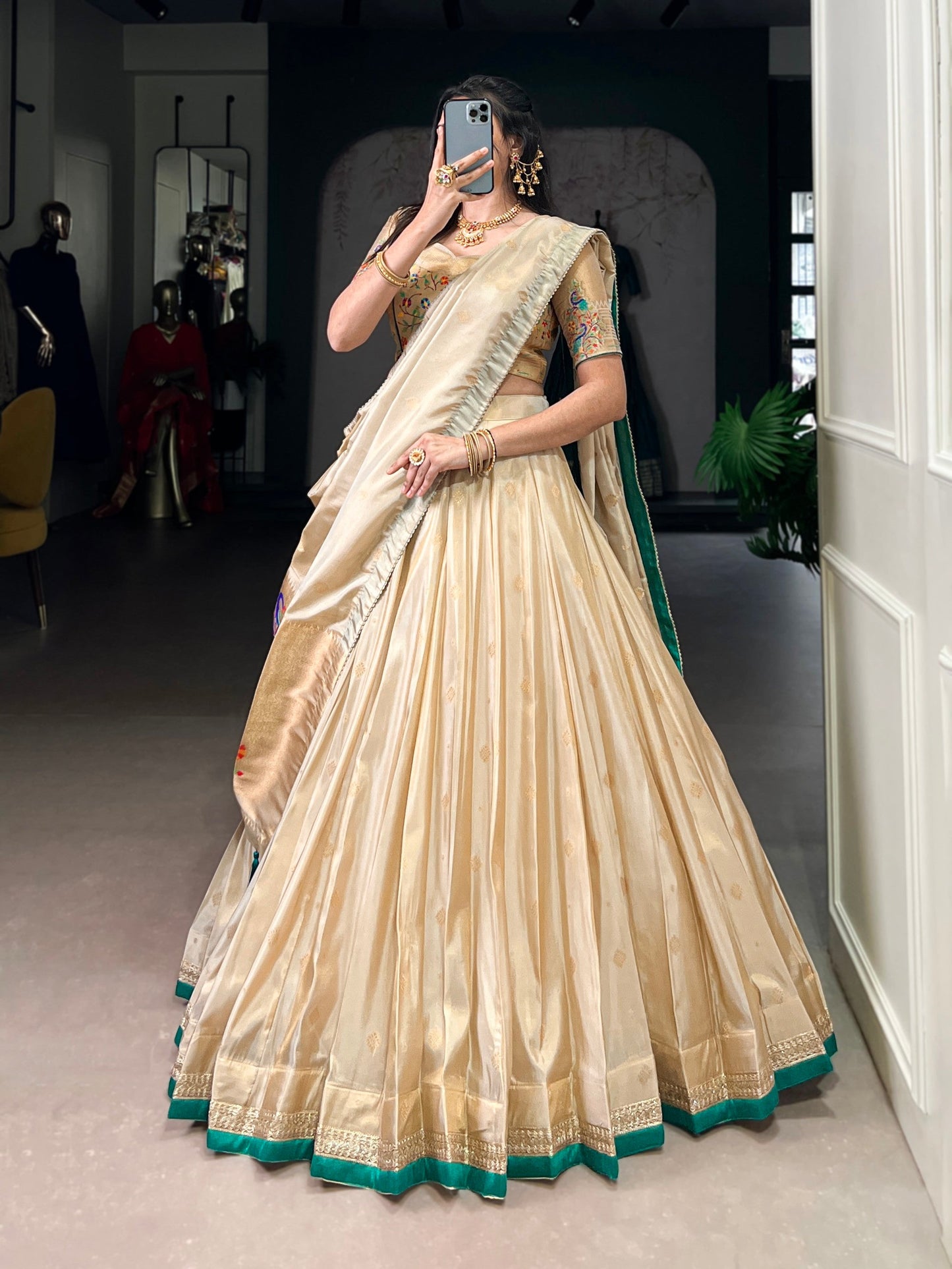 Lorenvalley Fashion Cream Shimmer Paithani Zari Weaving Work Lehenga Choli with Dupatta - Swadesiicart