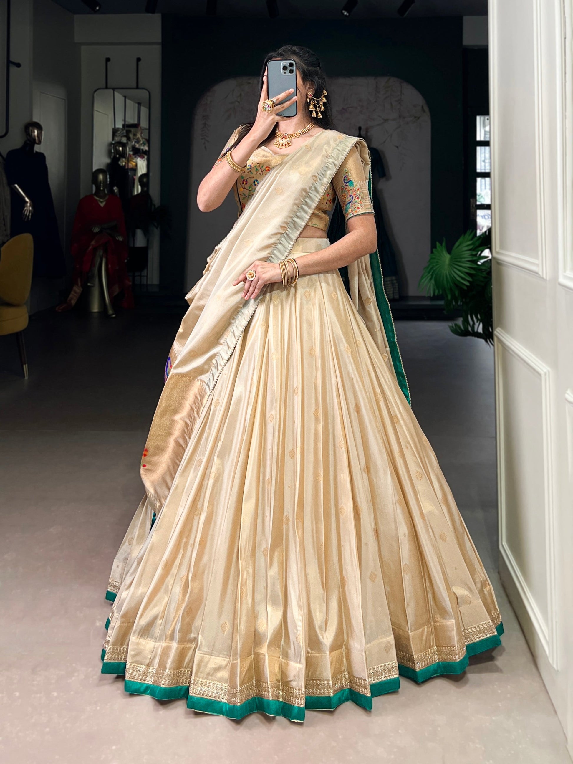 Lorenvalley Fashion Cream Shimmer Paithani Zari Weaving Work Lehenga Choli with Dupatta - Swadesiicart