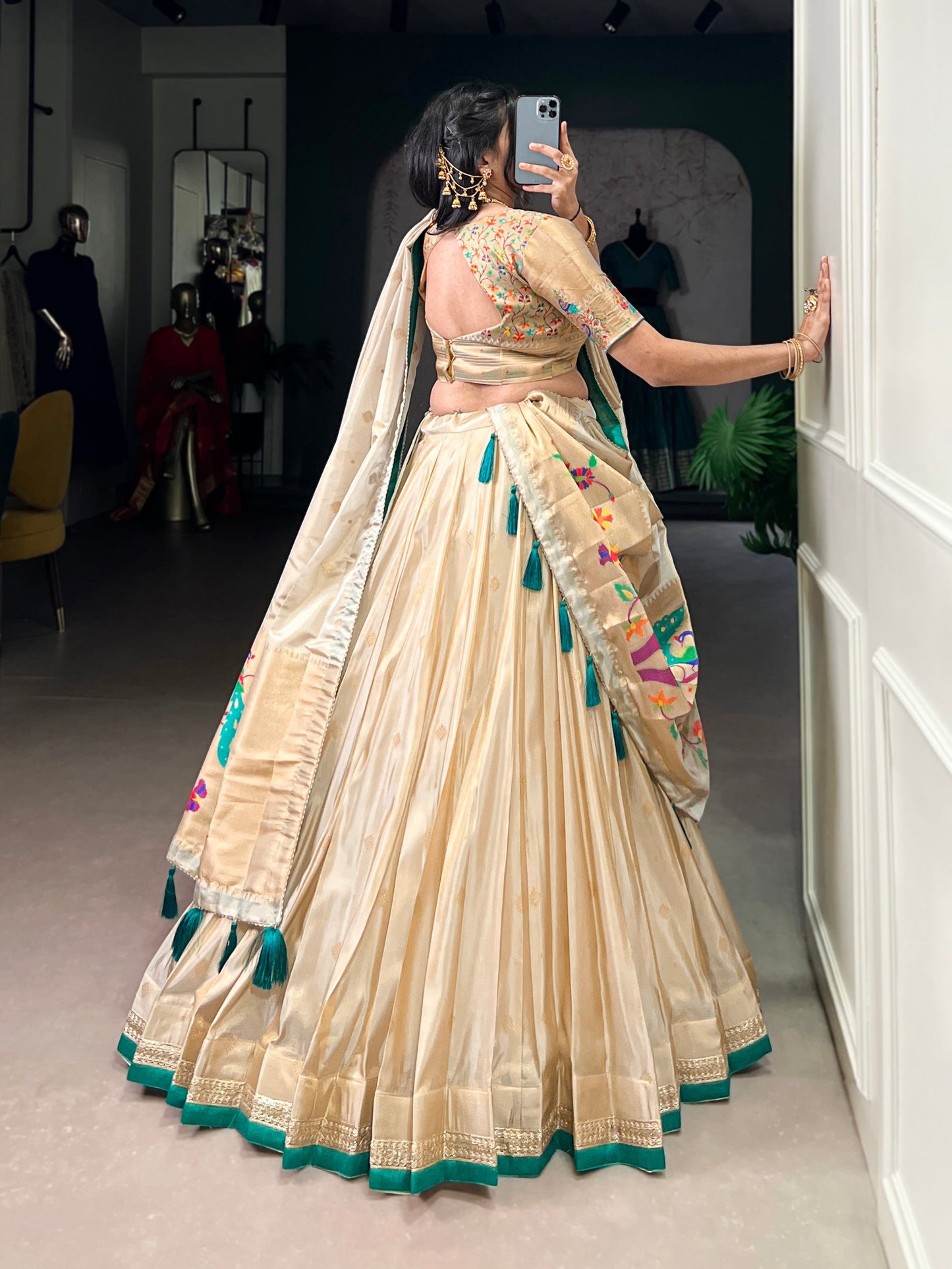Lorenvalley Fashion Cream Shimmer Paithani Zari Weaving Work Lehenga Choli with Dupatta - Swadesiicart