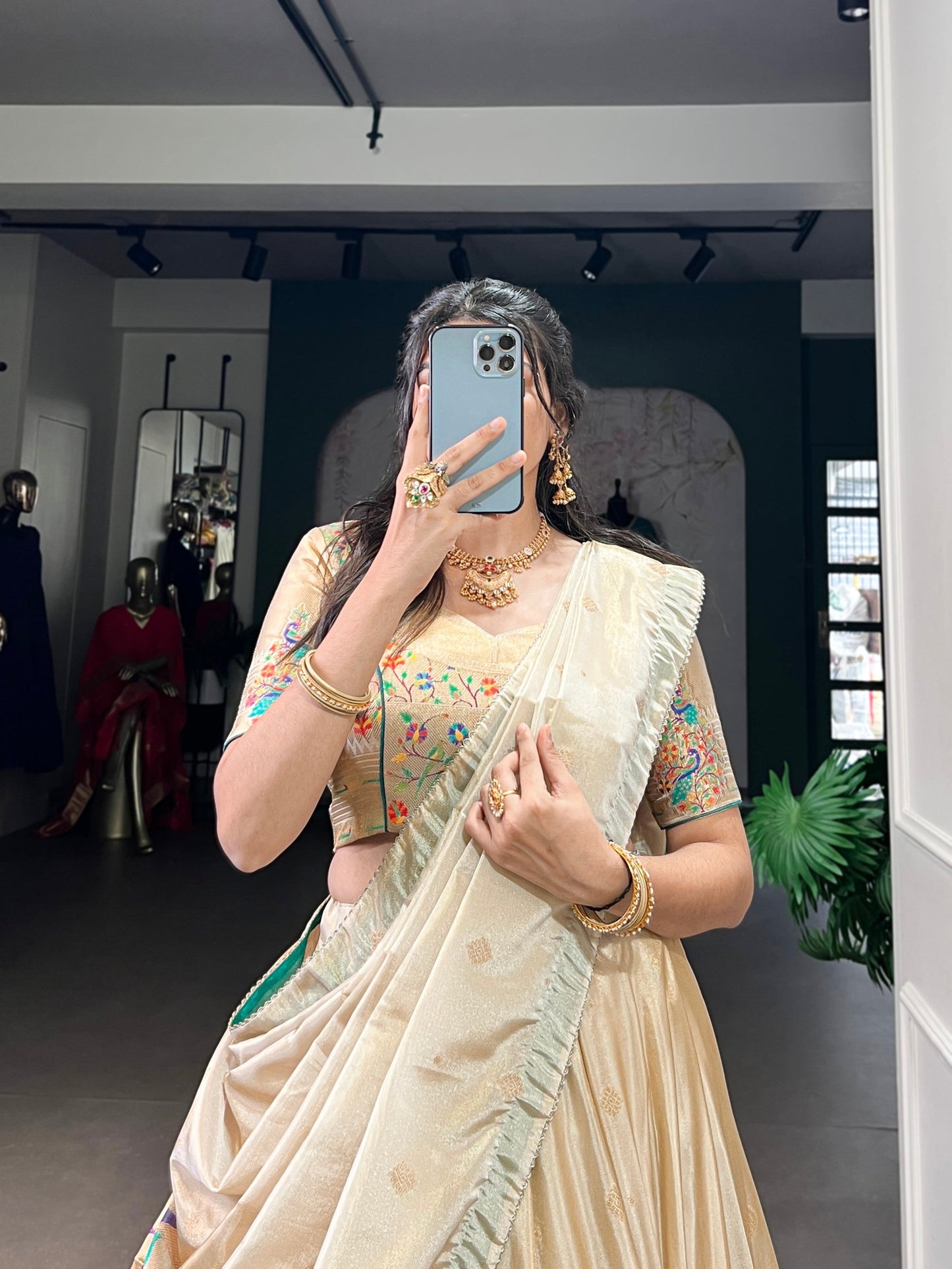 Lorenvalley Fashion Cream Shimmer Paithani Zari Weaving Work Lehenga Choli with Dupatta - Swadesiicart