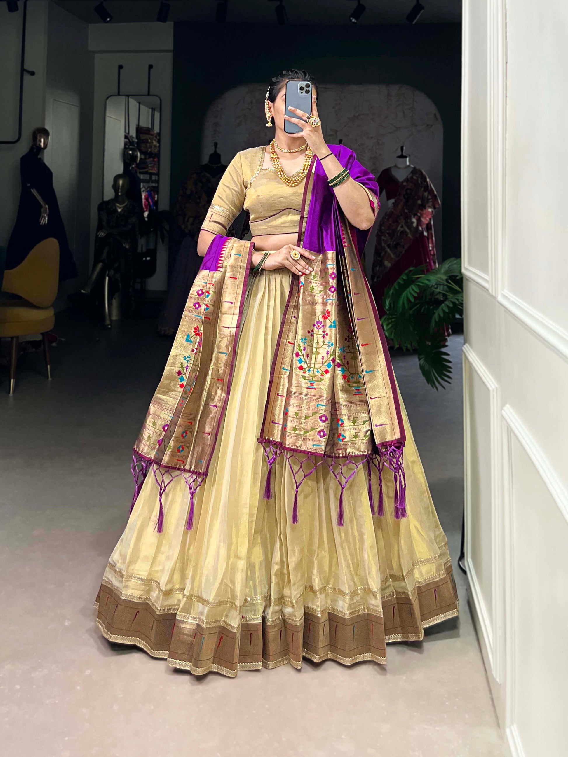 Lorenvalley Cream Erode Plain With Paithani Lace Border Lehenga Choli with Dupatta | Swadesiicart
