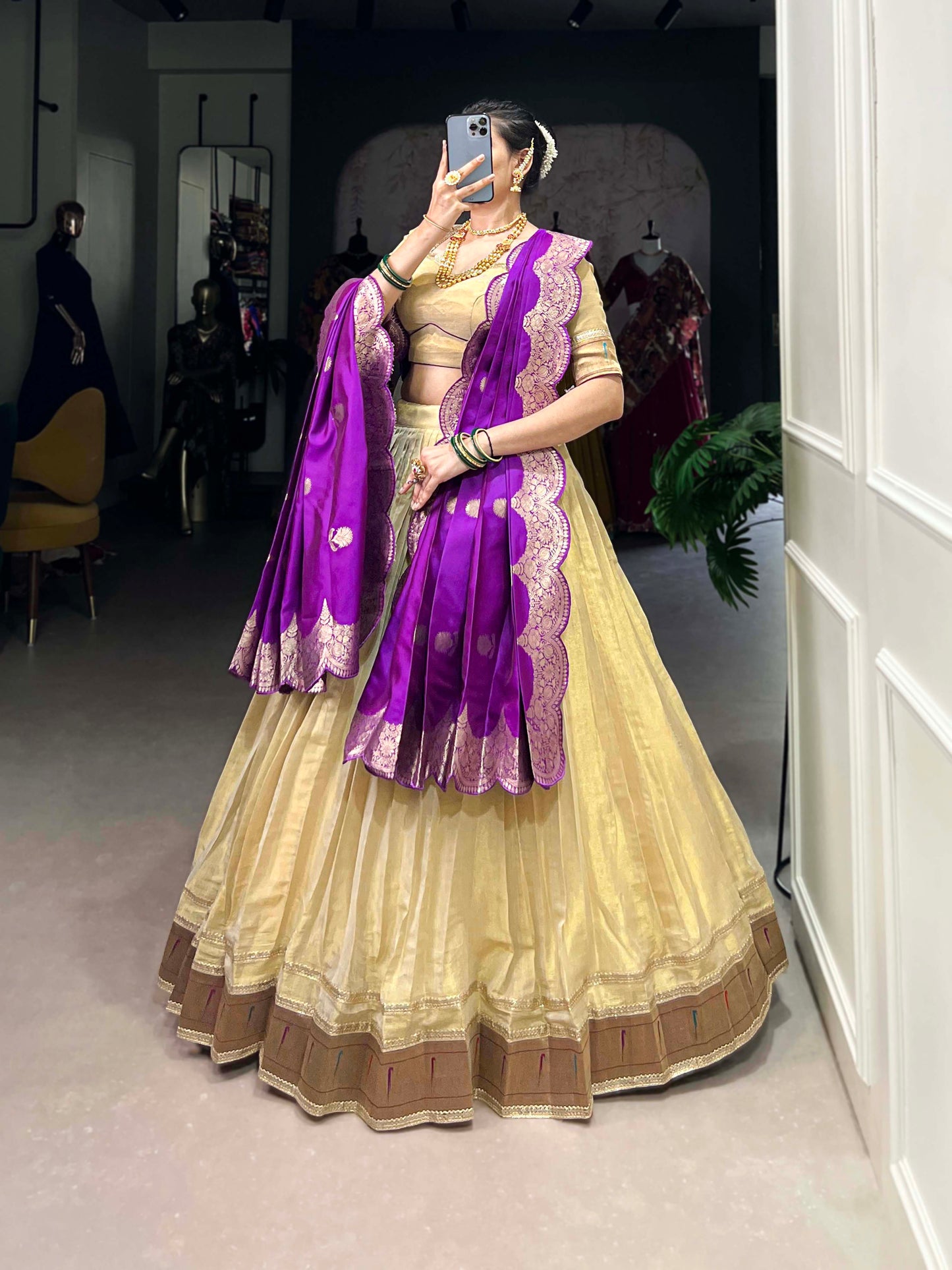 Lorenvalley Cream Erode Plain With Paithani Lace Border Lehenga Choli with Dupatta | Swadesiicart