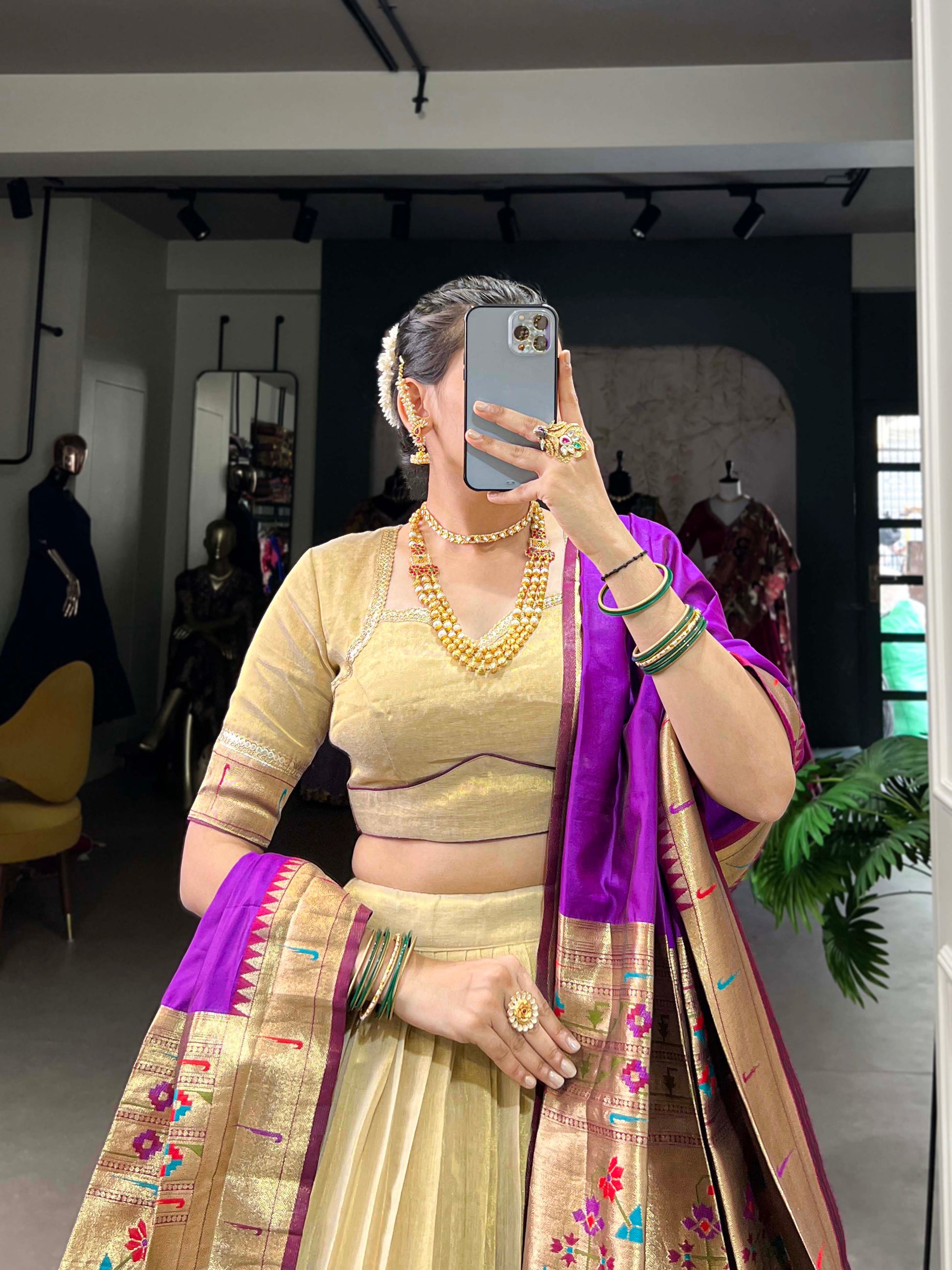 Lorenvalley Cream Erode Plain With Paithani Lace Border Lehenga Choli with Dupatta | Swadesiicart