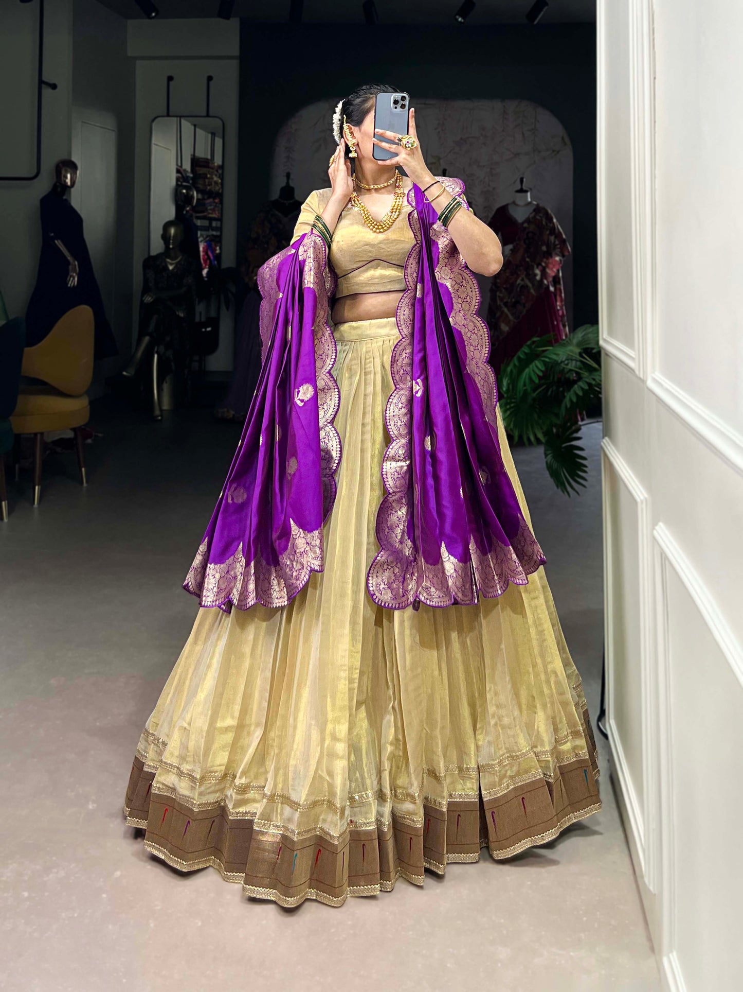 Lorenvalley Cream Erode Plain With Paithani Lace Border Lehenga Choli with Dupatta | Swadesiicart
