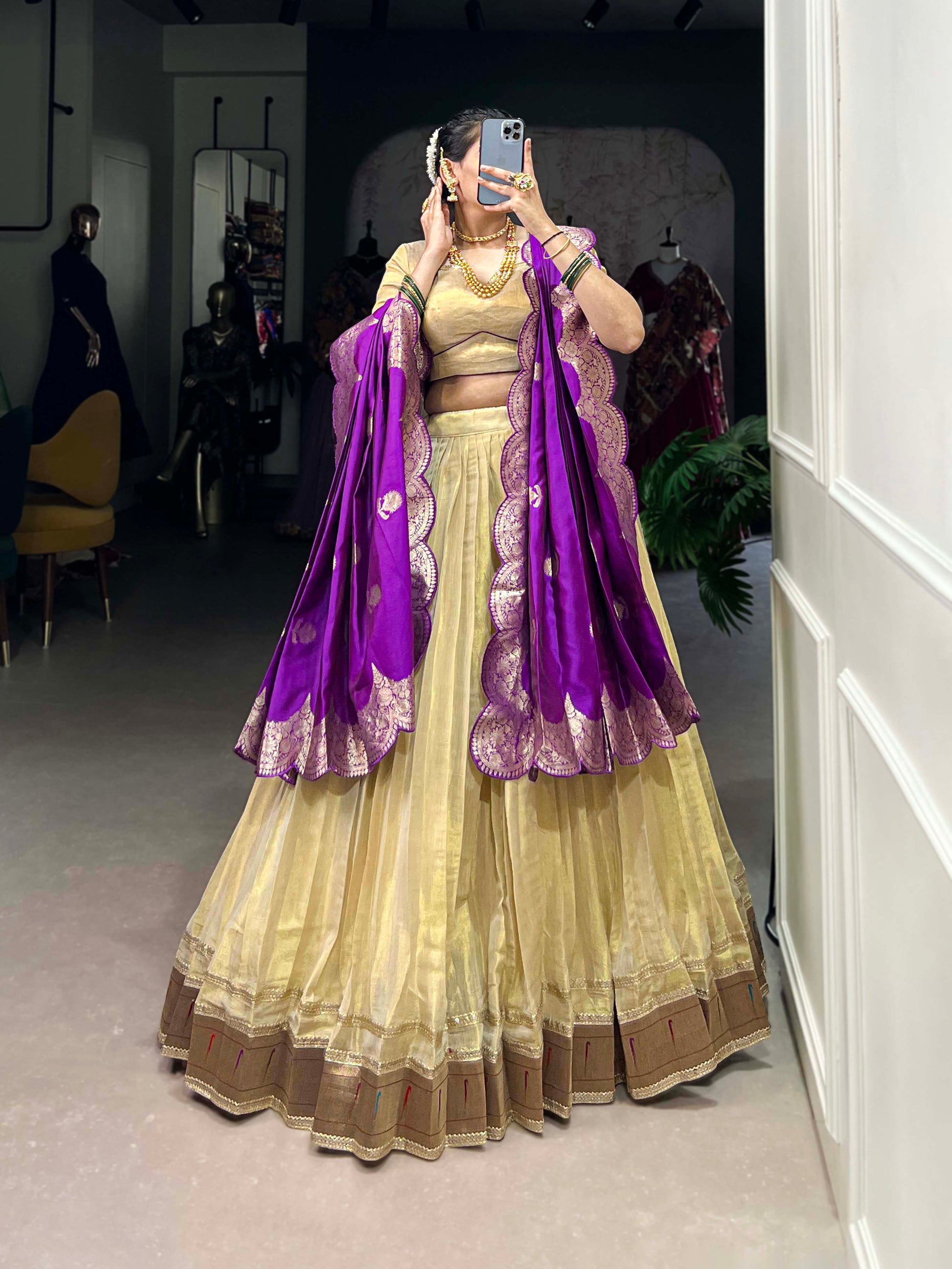 Lorenvalley Cream Erode Plain With Paithani Lace Border Lehenga Choli with Dupatta | Swadesiicart