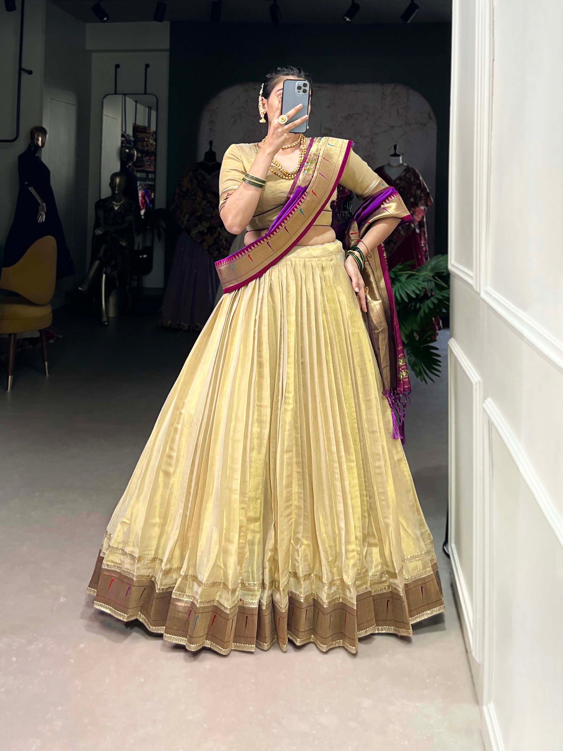 Lorenvalley Cream Erode Plain With Paithani Lace Border Lehenga Choli with Dupatta | Swadesiicart