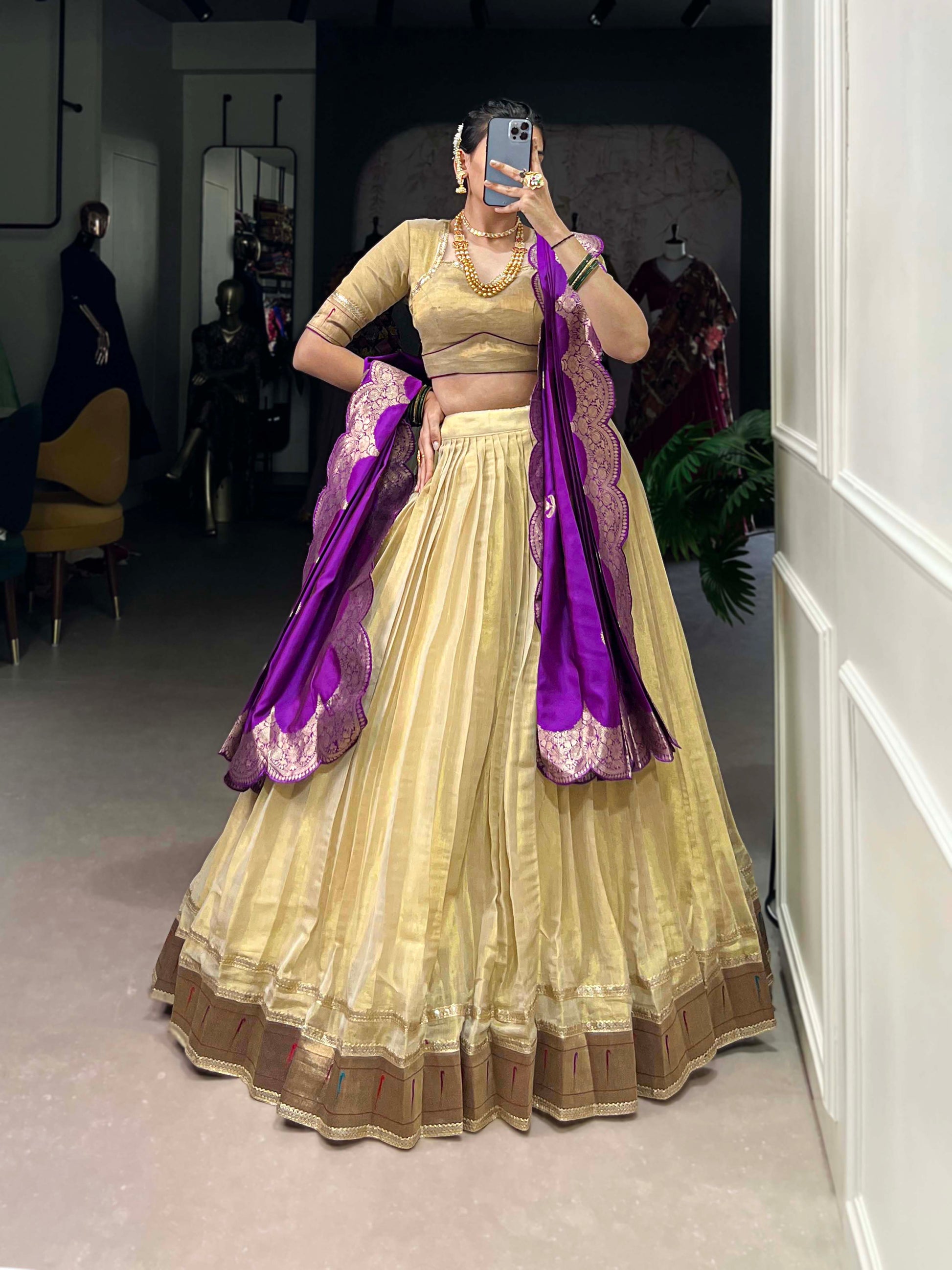 Lorenvalley Cream Erode Plain With Paithani Lace Border Lehenga Choli with Dupatta | Swadesiicart