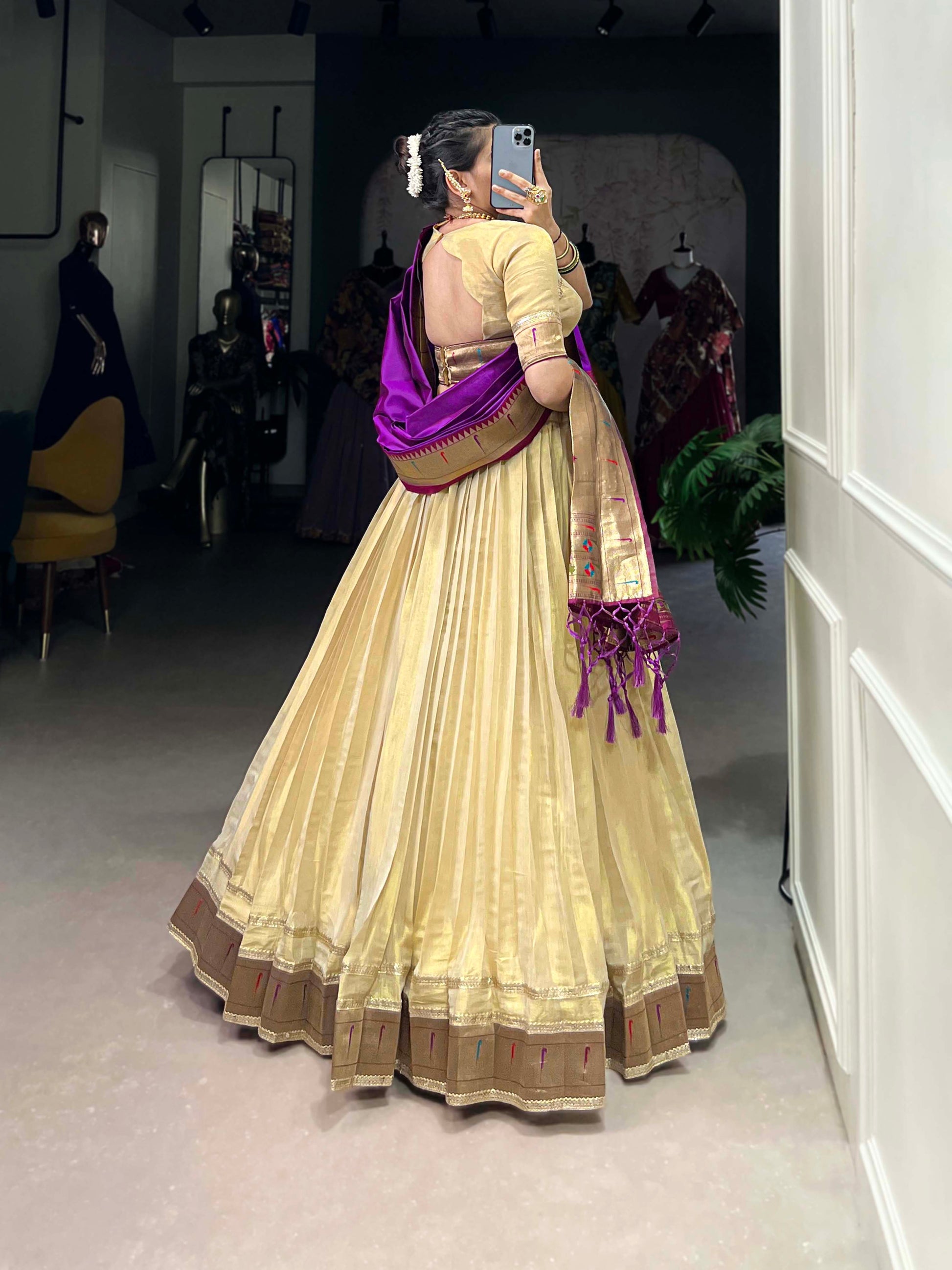 Lorenvalley Cream Erode Plain With Paithani Lace Border Lehenga Choli with Dupatta | Swadesiicart