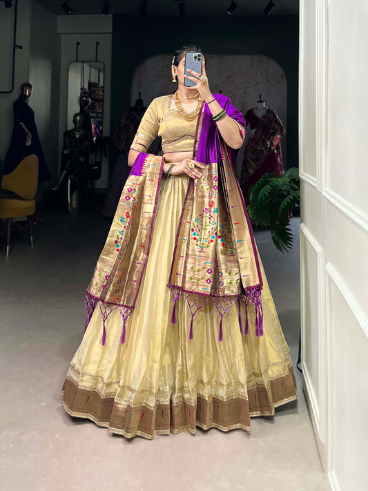 Lorenvalley Cream Erode Plain With Paithani Lace Border Lehenga Choli with Dupatta | Swadesiicart