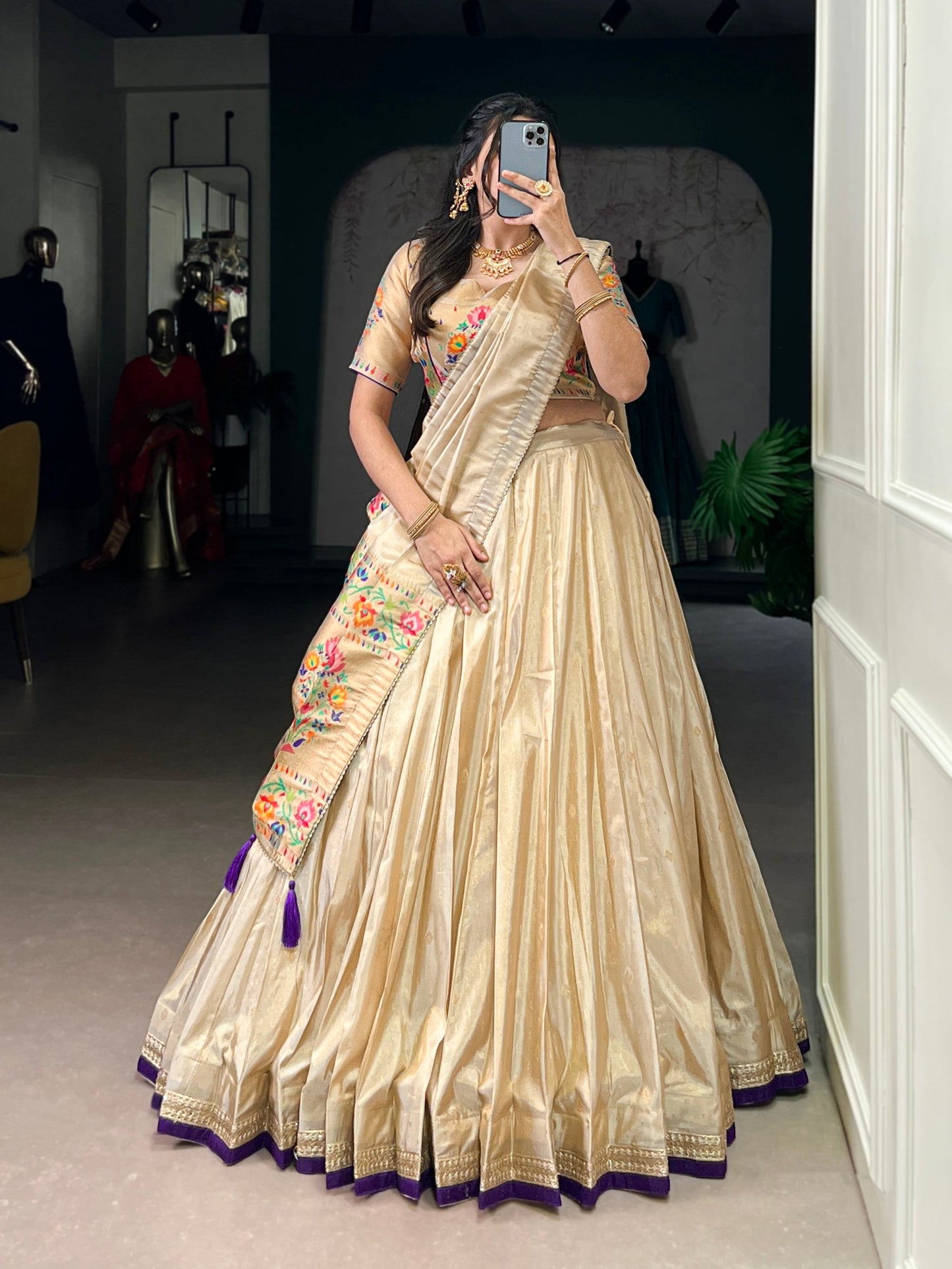 Lorenvalley Fashion Cream Shimmer Paithani Zari Weaving Work Lehenga Choli with Dupatta - Swadesiicart