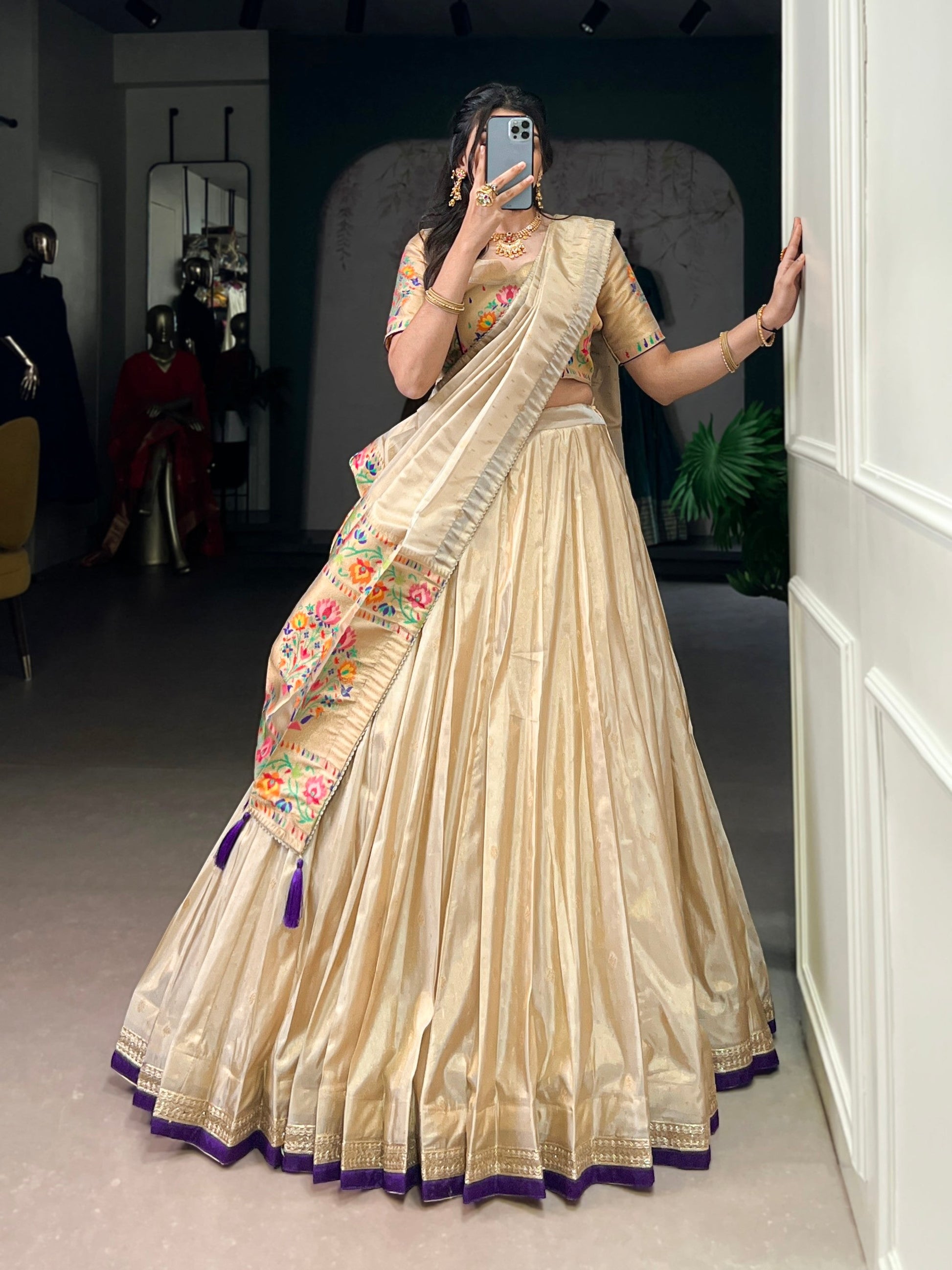 Lorenvalley Fashion Cream Shimmer Paithani Zari Weaving Work Lehenga Choli with Dupatta - Swadesiicart