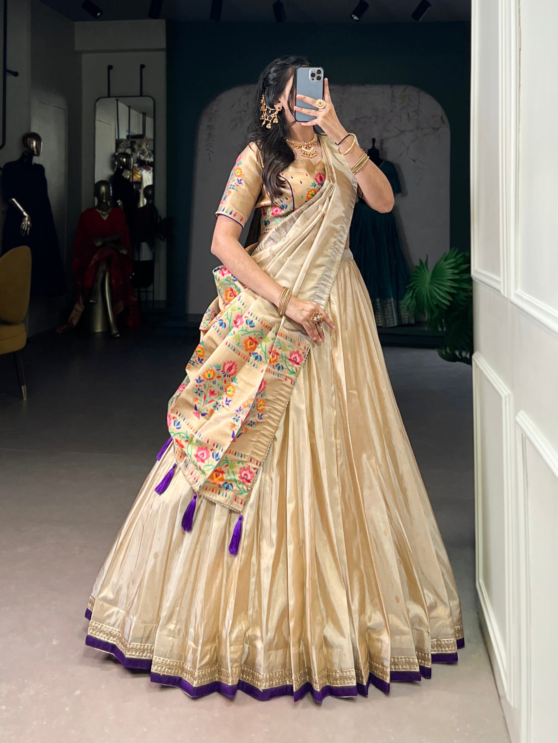 Lorenvalley Fashion Cream Shimmer Paithani Zari Weaving Work Lehenga Choli with Dupatta - Swadesiicart