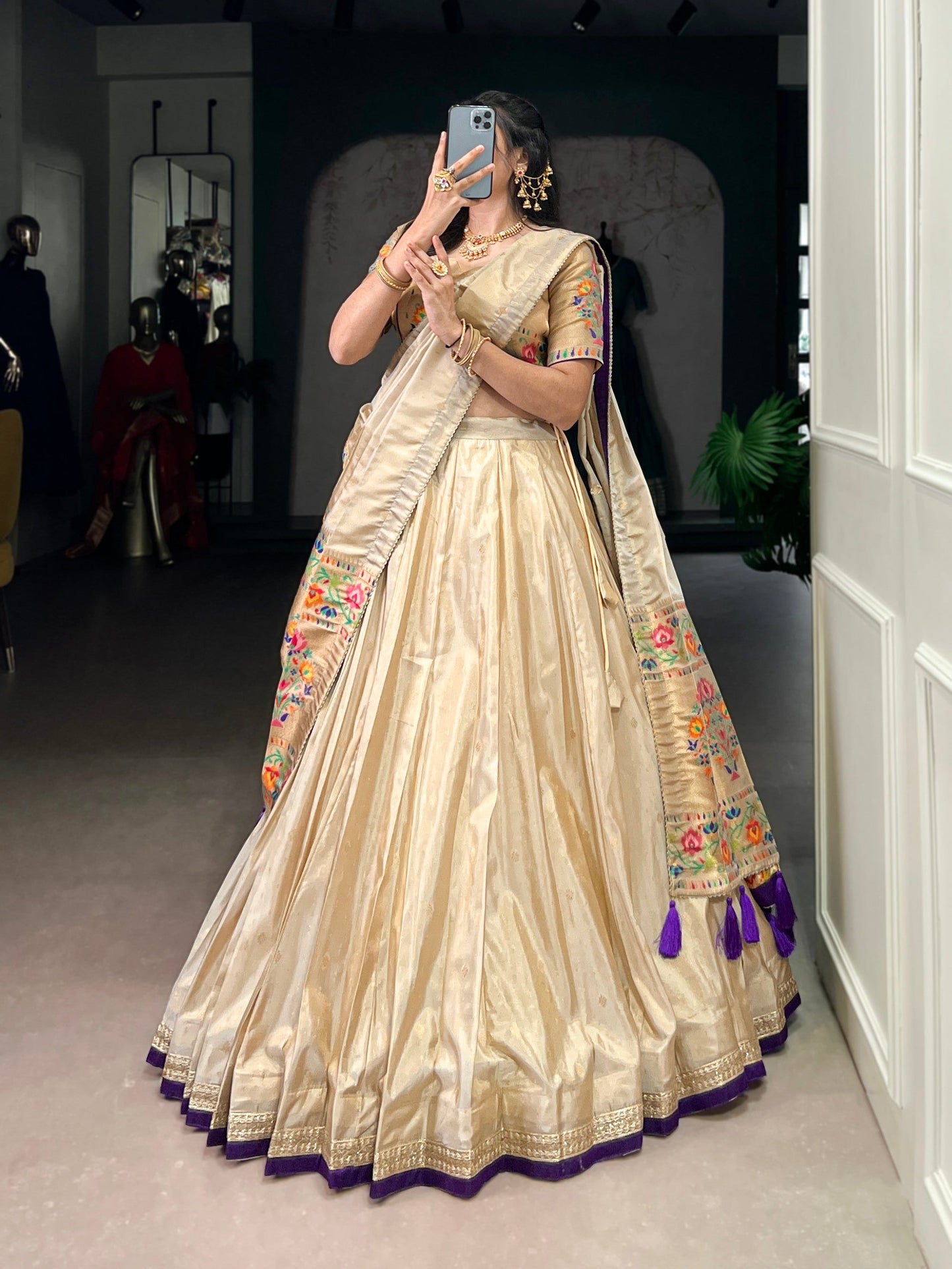 Lorenvalley Fashion Cream Shimmer Paithani Zari Weaving Work Lehenga Choli with Dupatta - Swadesiicart
