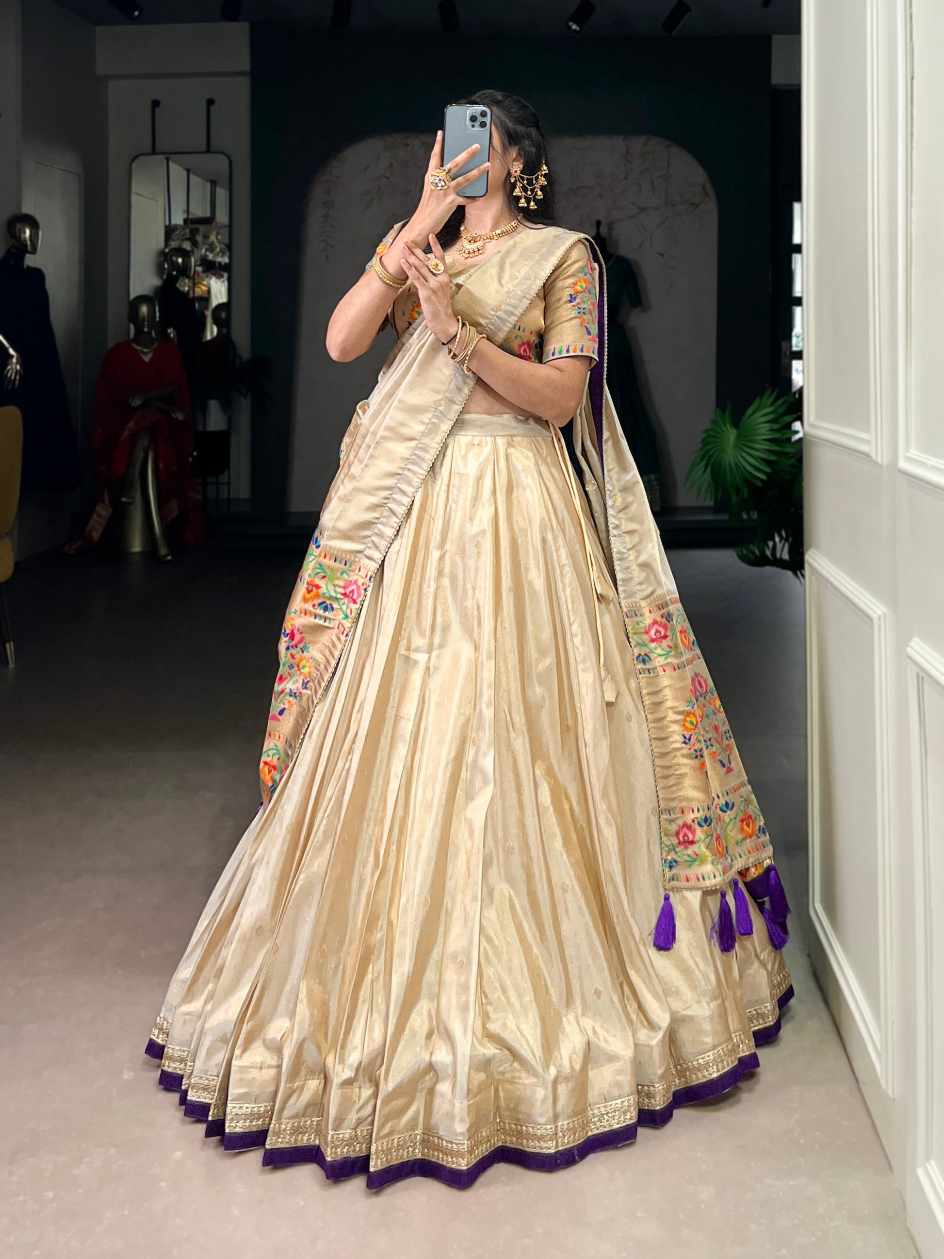 Lorenvalley Fashion Cream Shimmer Paithani Zari Weaving Work Lehenga Choli with Dupatta - Swadesiicart