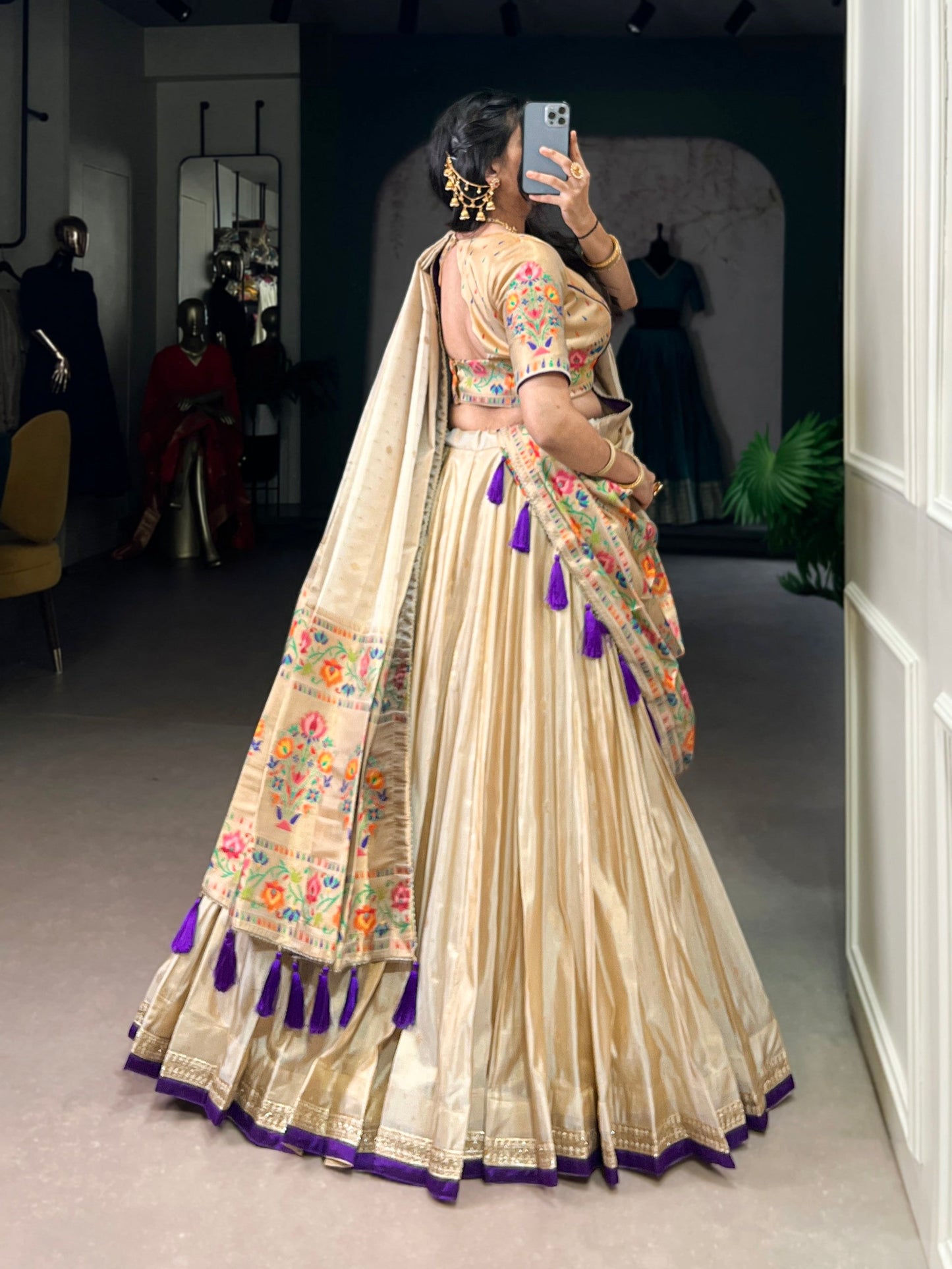 Lorenvalley Fashion Cream Shimmer Paithani Zari Weaving Work Lehenga Choli with Dupatta - Swadesiicart