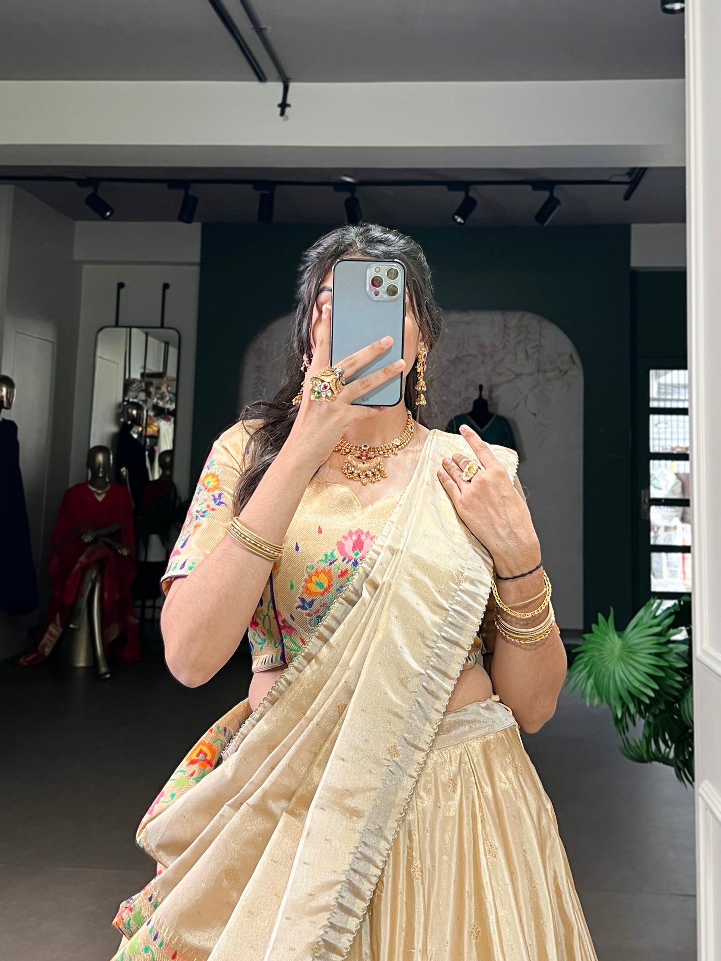 Lorenvalley Fashion Cream Shimmer Paithani Zari Weaving Work Lehenga Choli with Dupatta - Swadesiicart