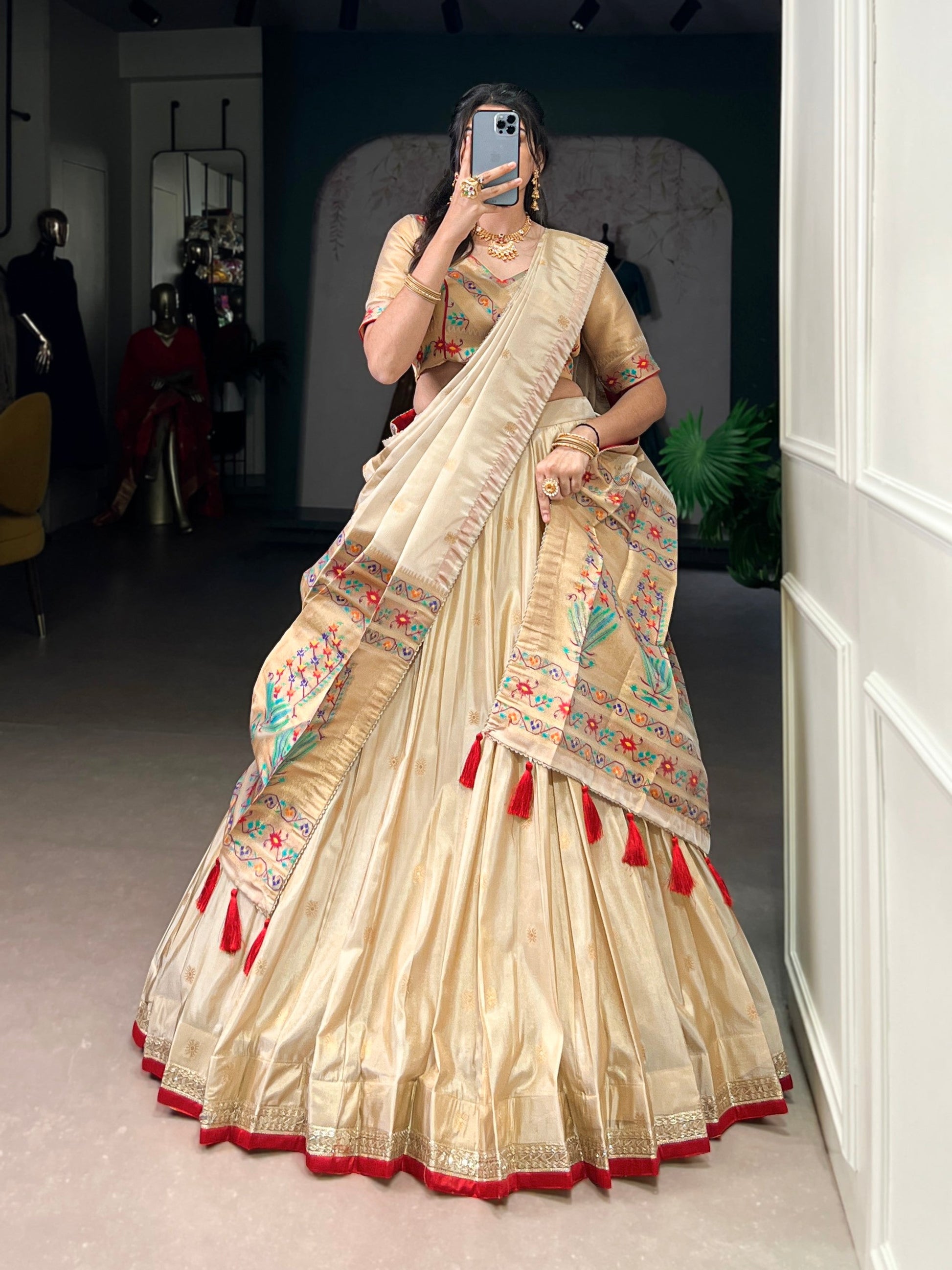 Lorenvalley Fashion Cream Shimmer Paithani Zari Weaving Work Lehenga Choli with Dupatta - Swadesiicart