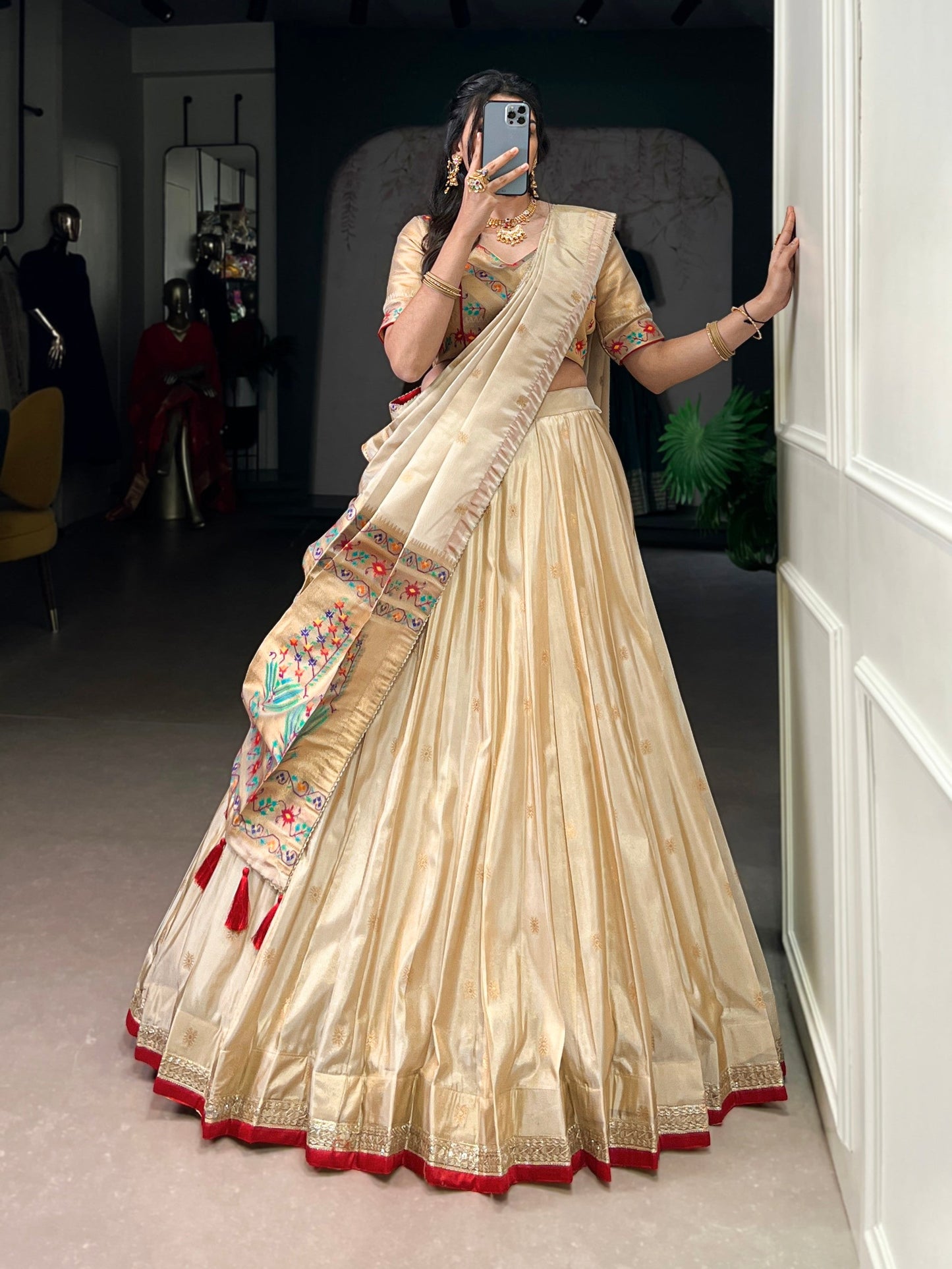 Lorenvalley Fashion Cream Shimmer Paithani Zari Weaving Work Lehenga Choli with Dupatta - Swadesiicart
