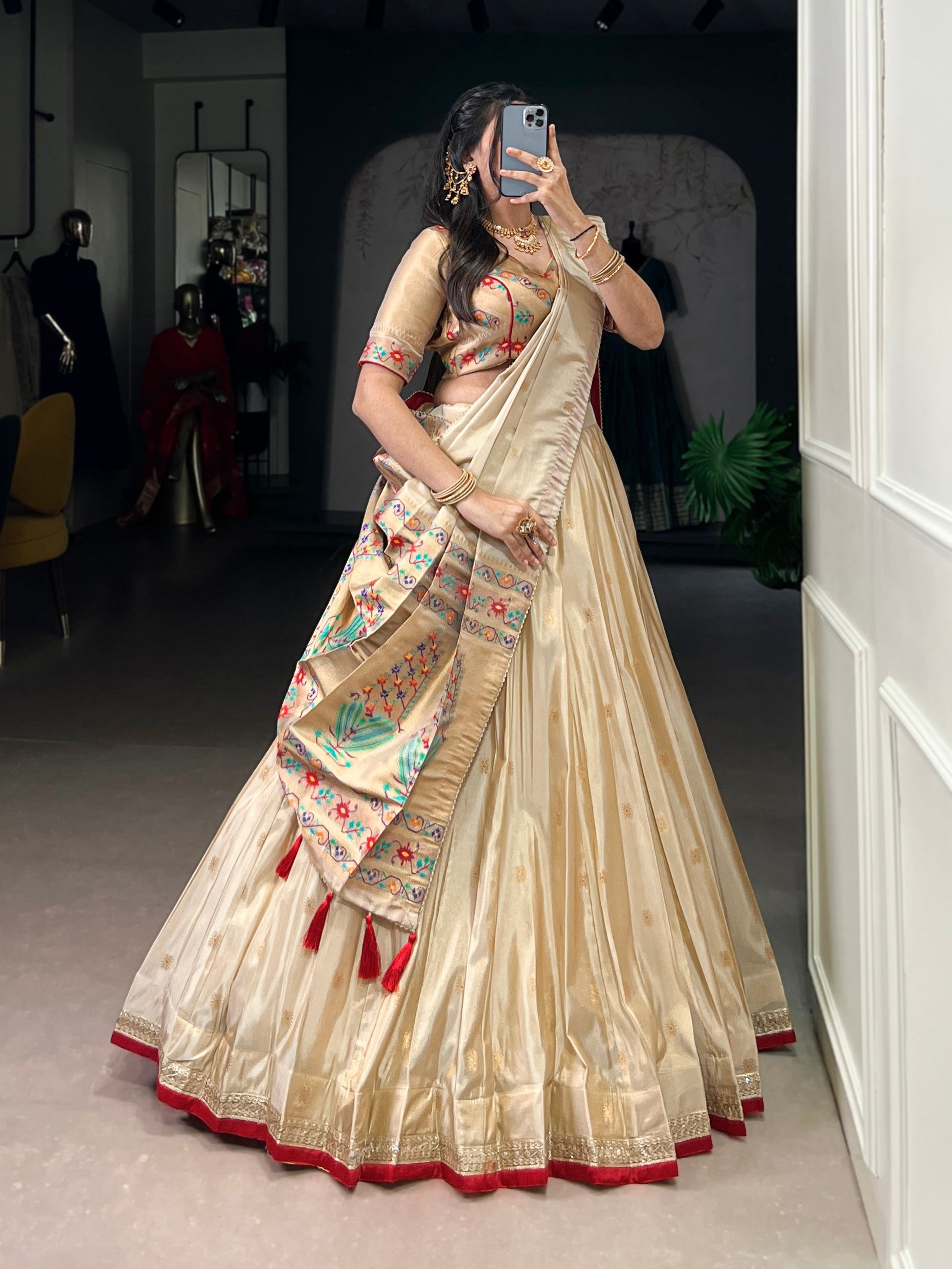 Lorenvalley Fashion Cream Shimmer Paithani Zari Weaving Work Lehenga Choli with Dupatta - Swadesiicart