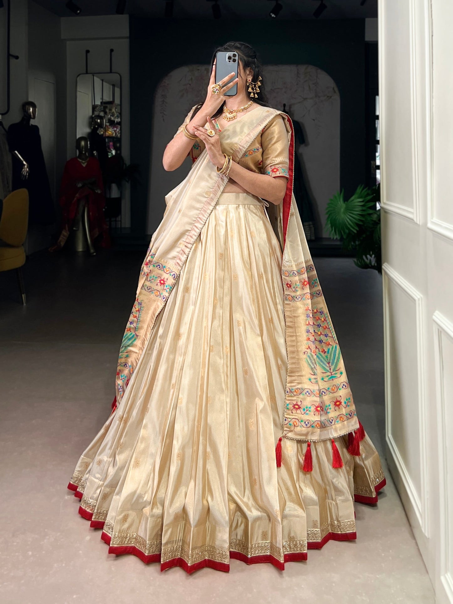 Lorenvalley Fashion Cream Shimmer Paithani Zari Weaving Work Lehenga Choli with Dupatta - Swadesiicart
