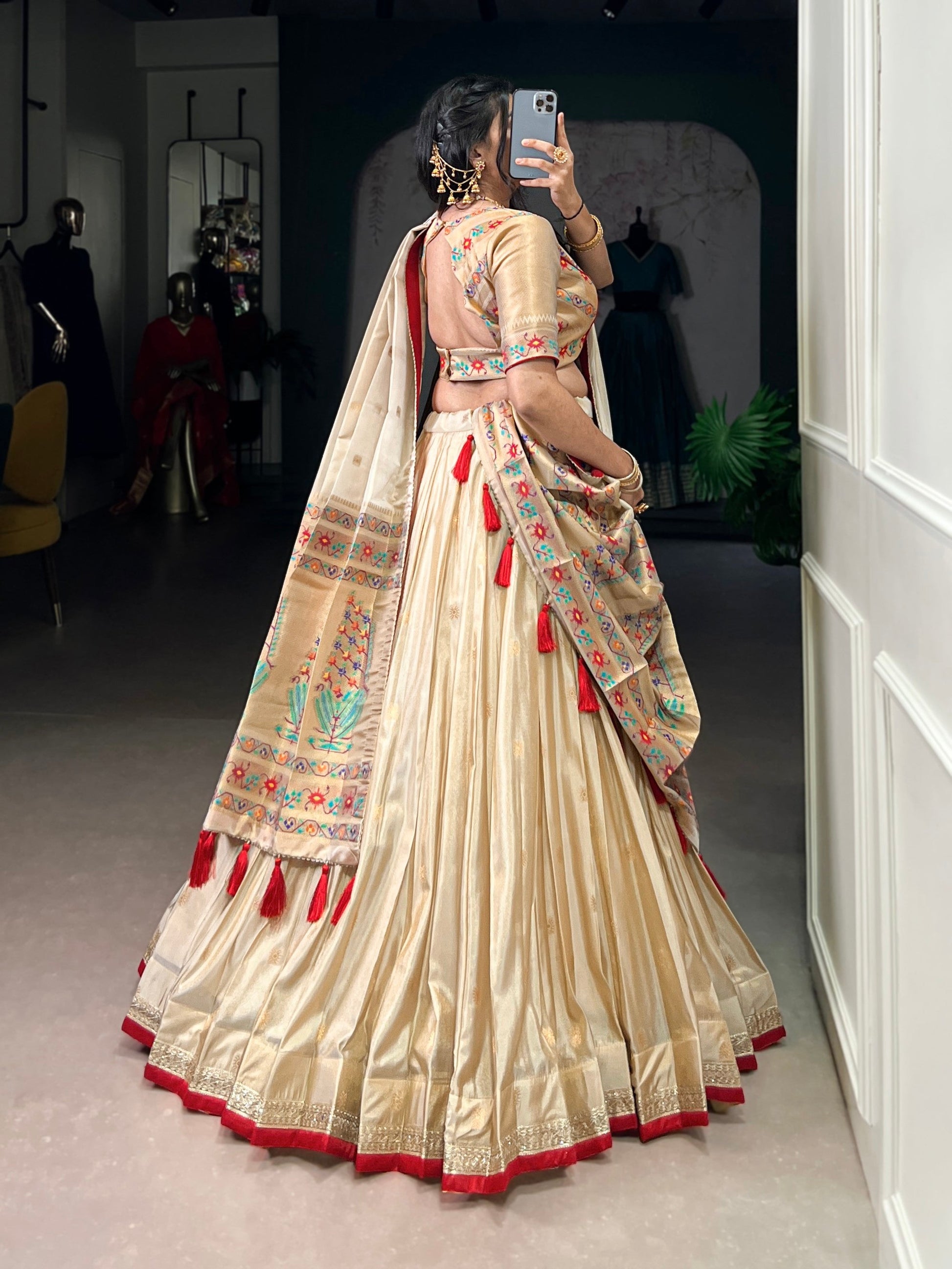 Lorenvalley Fashion Cream Shimmer Paithani Zari Weaving Work Lehenga Choli with Dupatta - Swadesiicart