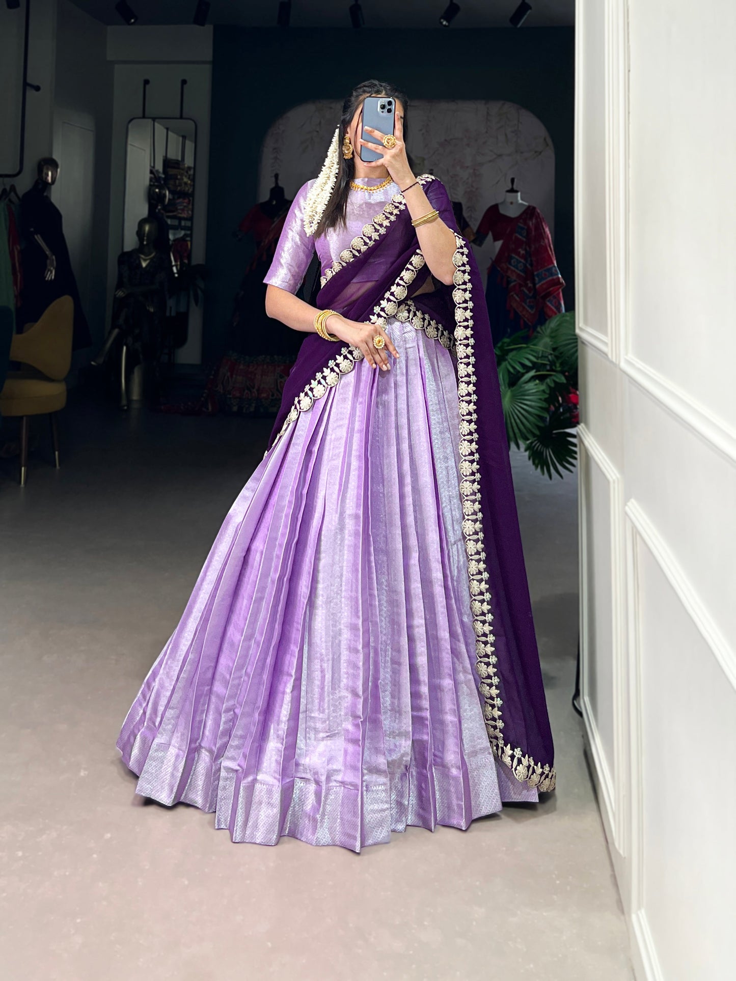 Lorenvalley Lavender Jacquard Silk weaving work Lehenga Choli with Dupatta | Swadesiicart