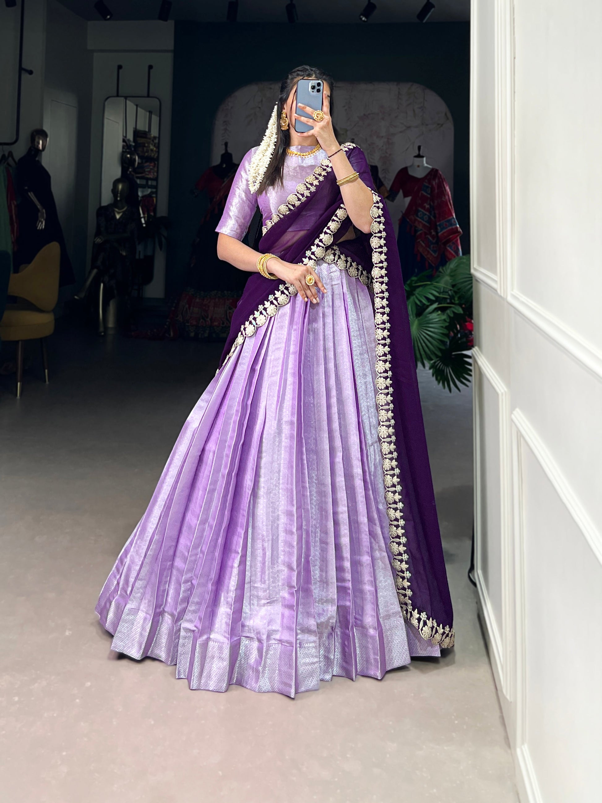 Lorenvalley Lavender Jacquard Silk weaving work Lehenga Choli with Dupatta | Swadesiicart